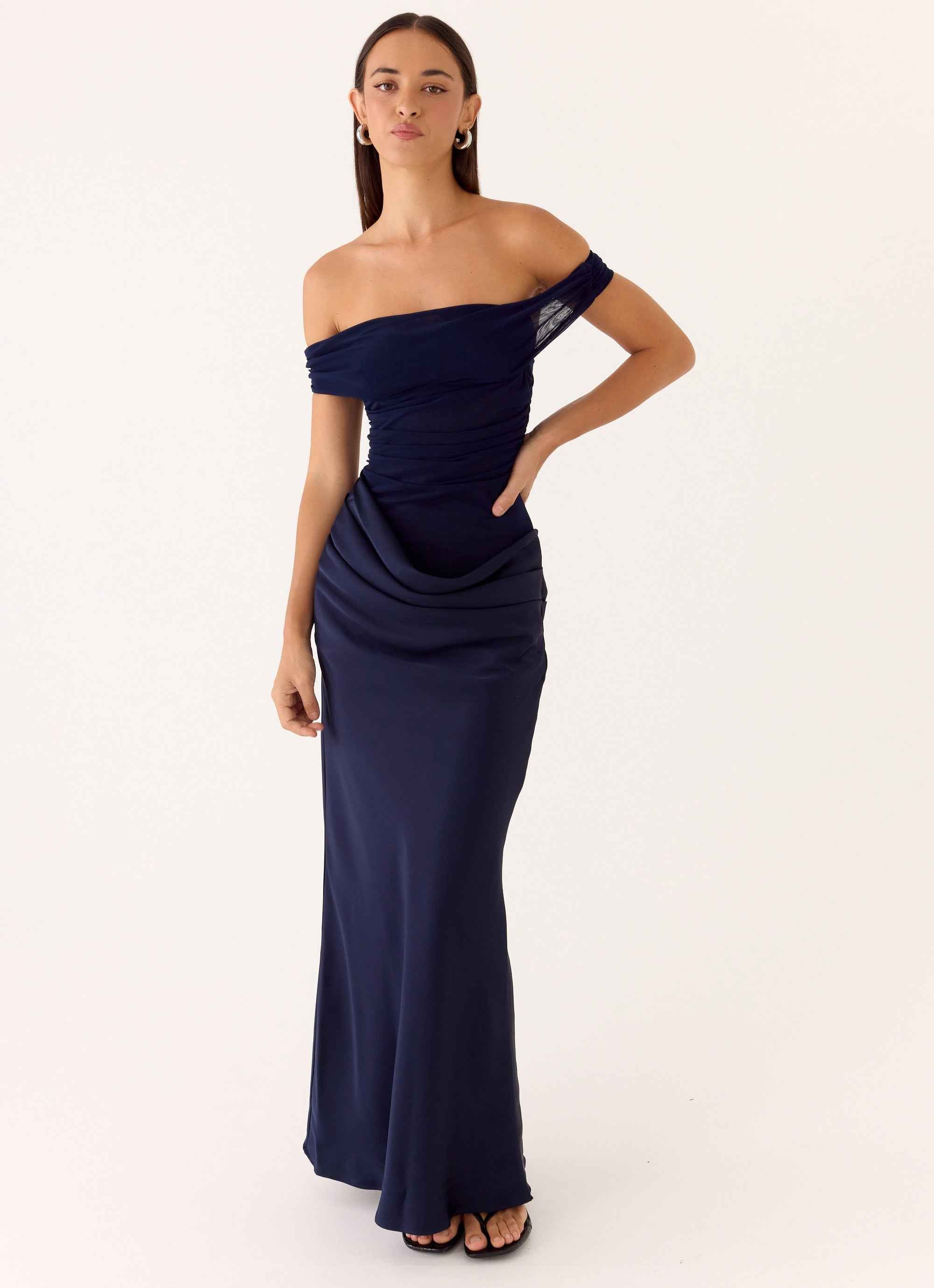 Alicent Maxi Dress - Navy Satin Off-Shoulder