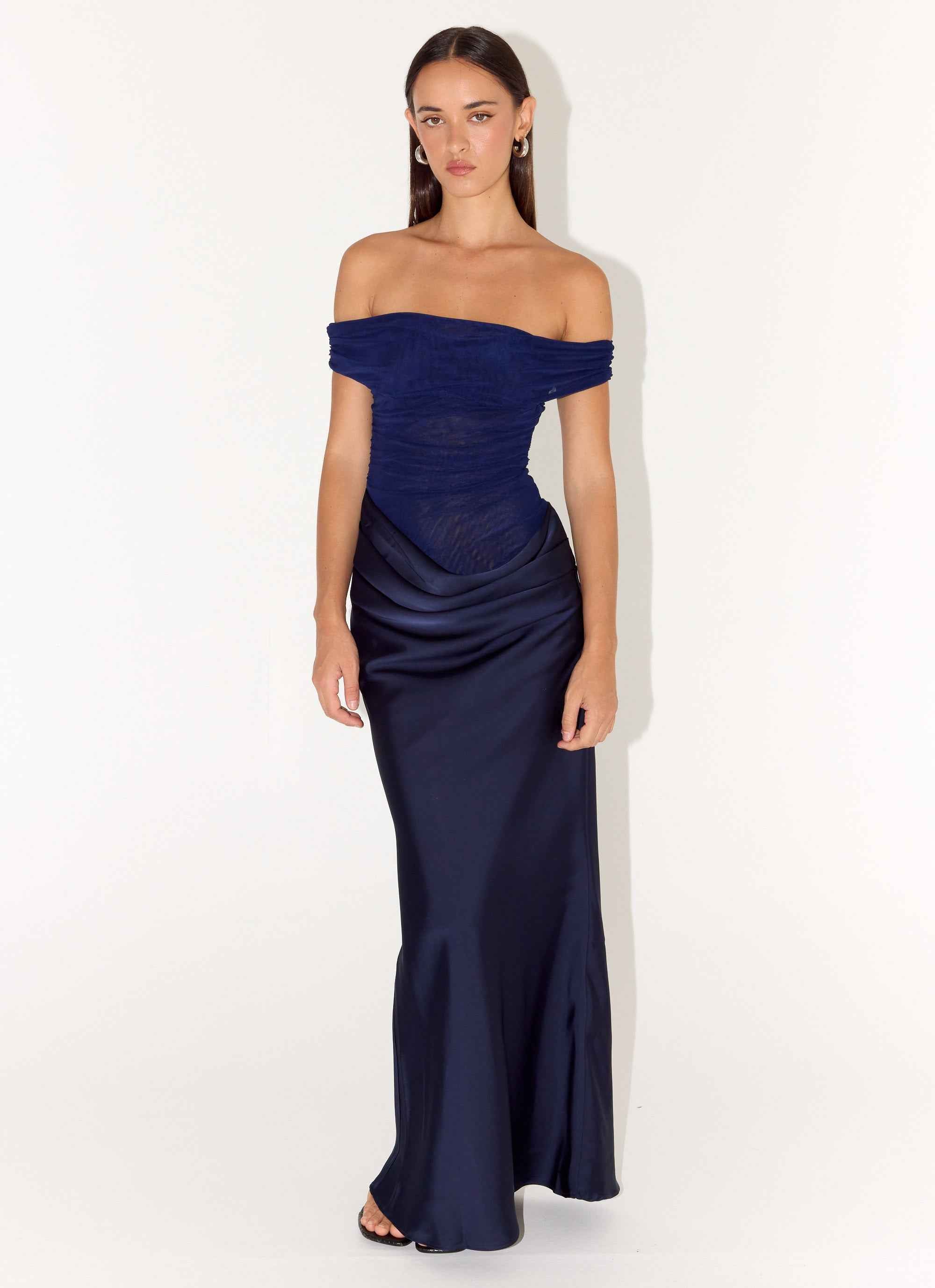 Alicent Maxi Dress - Navy Satin Off-Shoulder