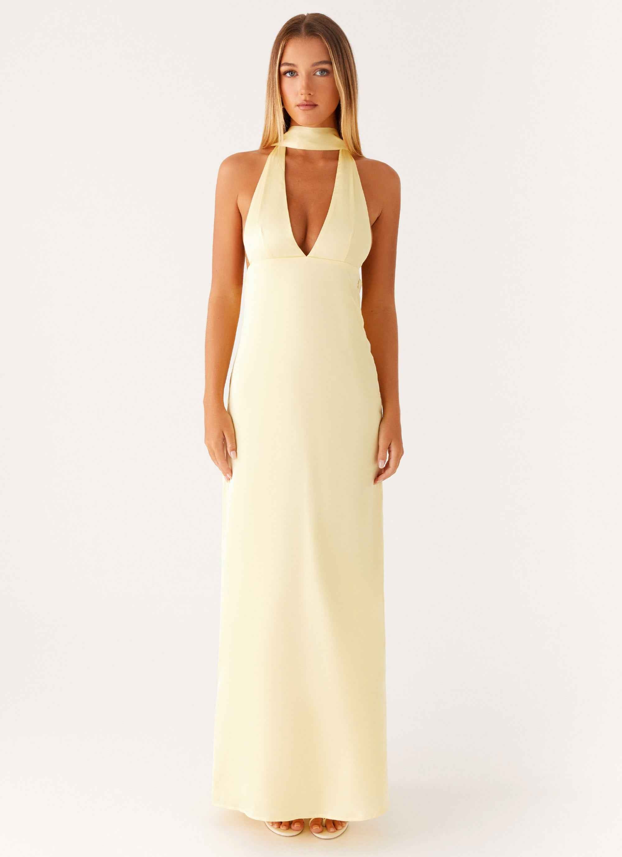 Alicia Maxi Dress - Yellow Satin Halter