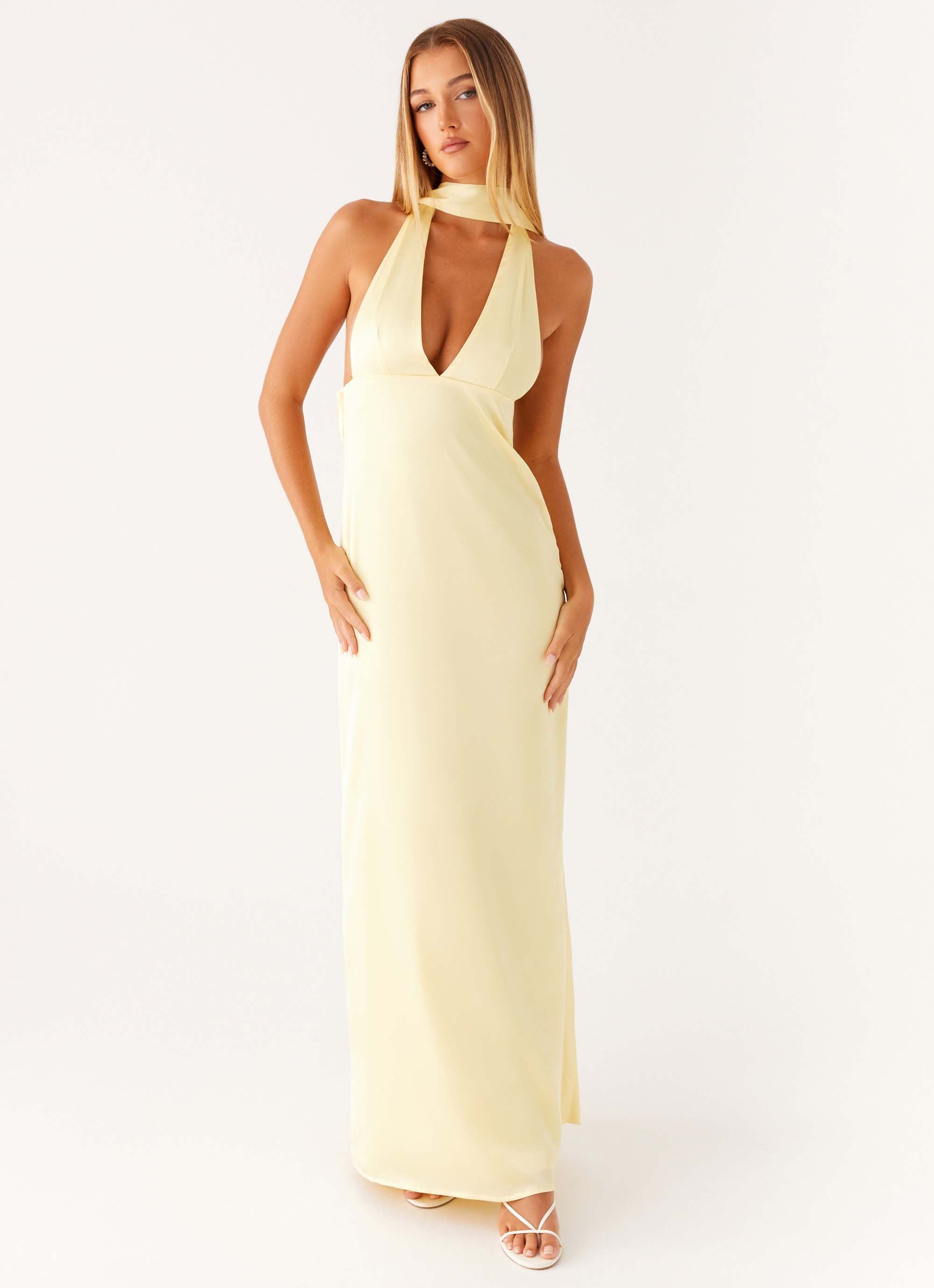 Alicia Maxi Dress - Yellow Satin Halter