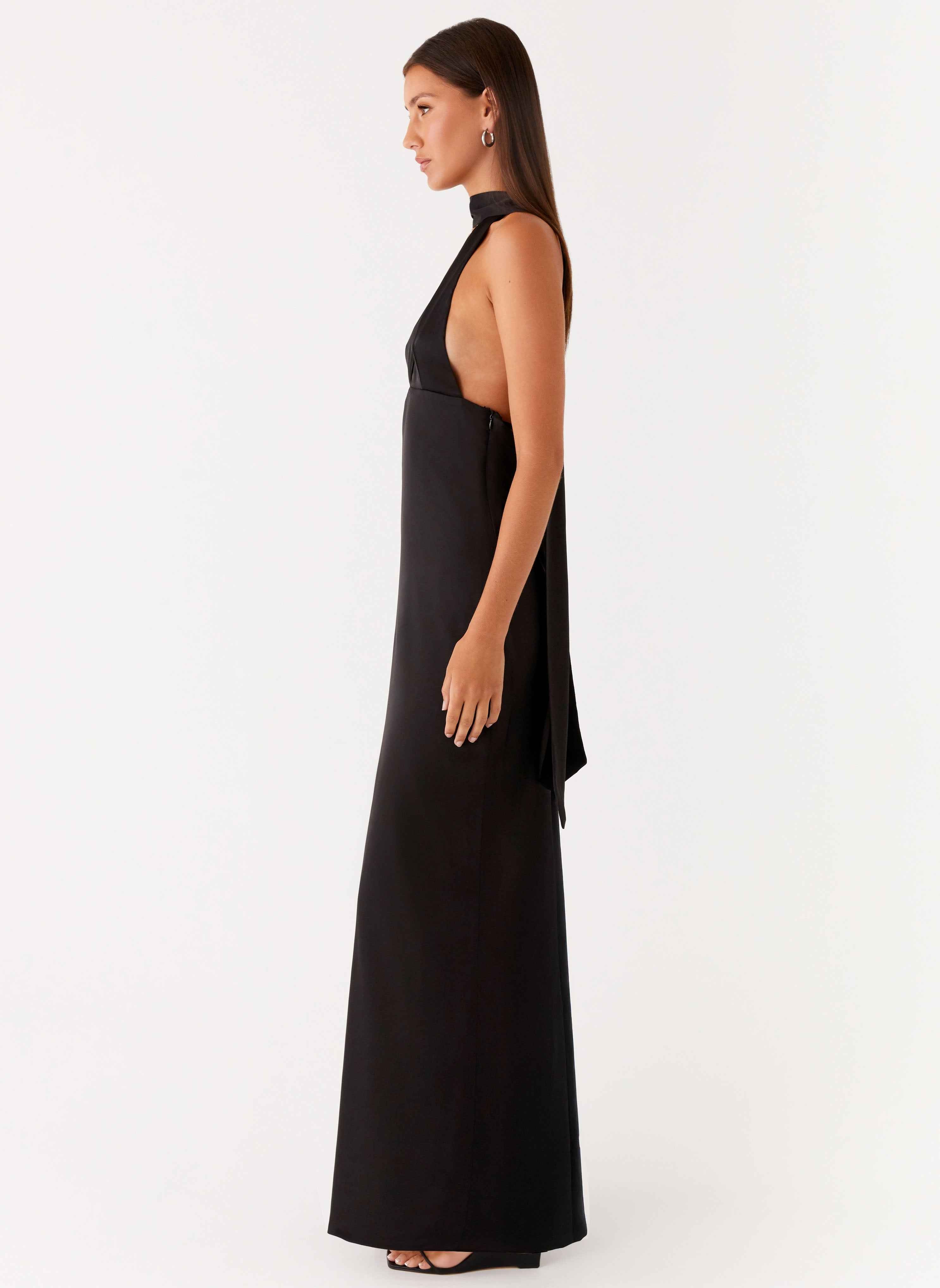 Alicia Satin Halter Maxi Dress - Black