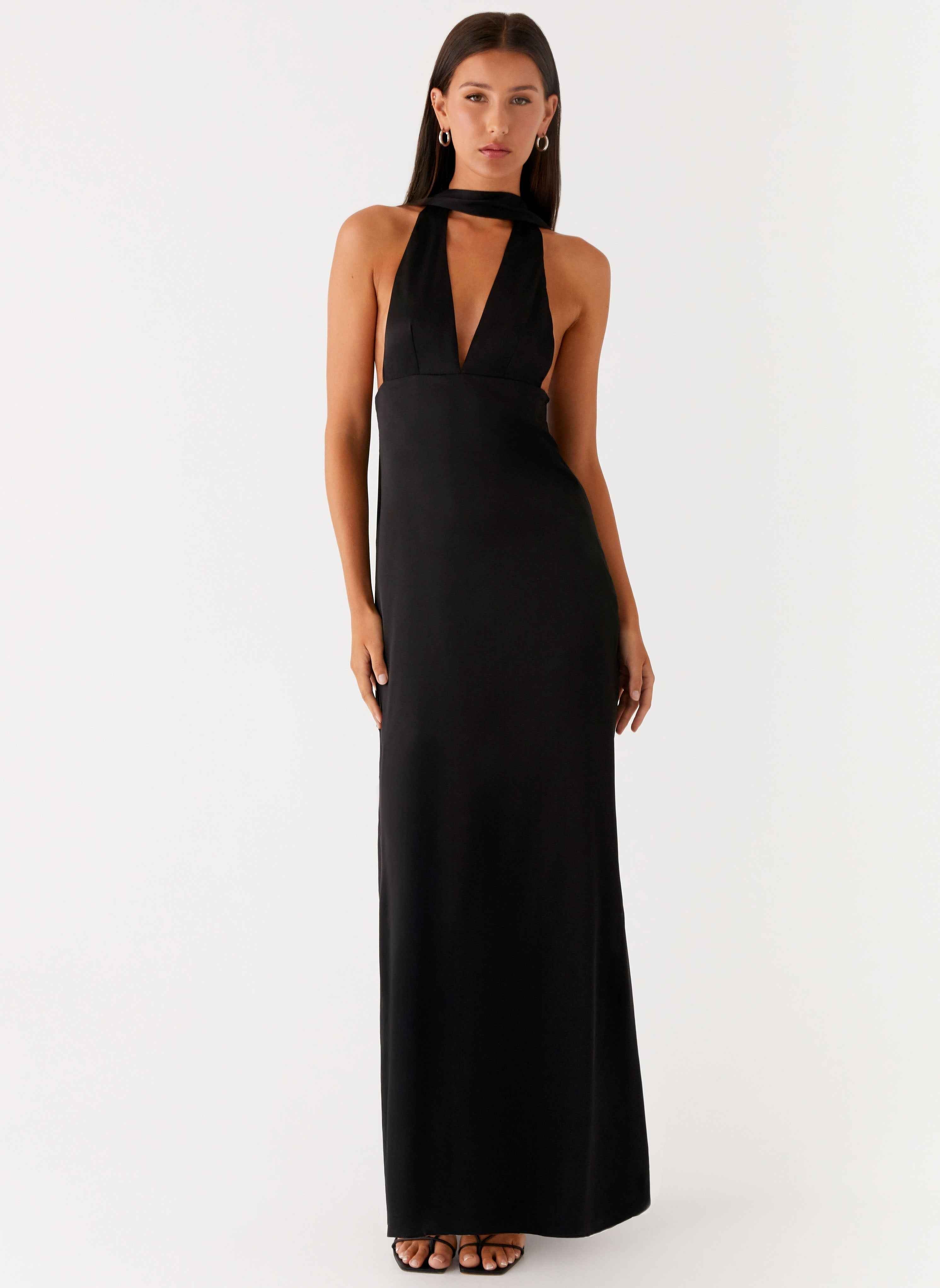 Alicia Satin Halter Maxi Dress - Black