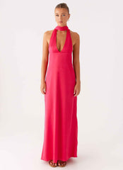 Alicia Satin Halter Maxi Dress - Fuchsia