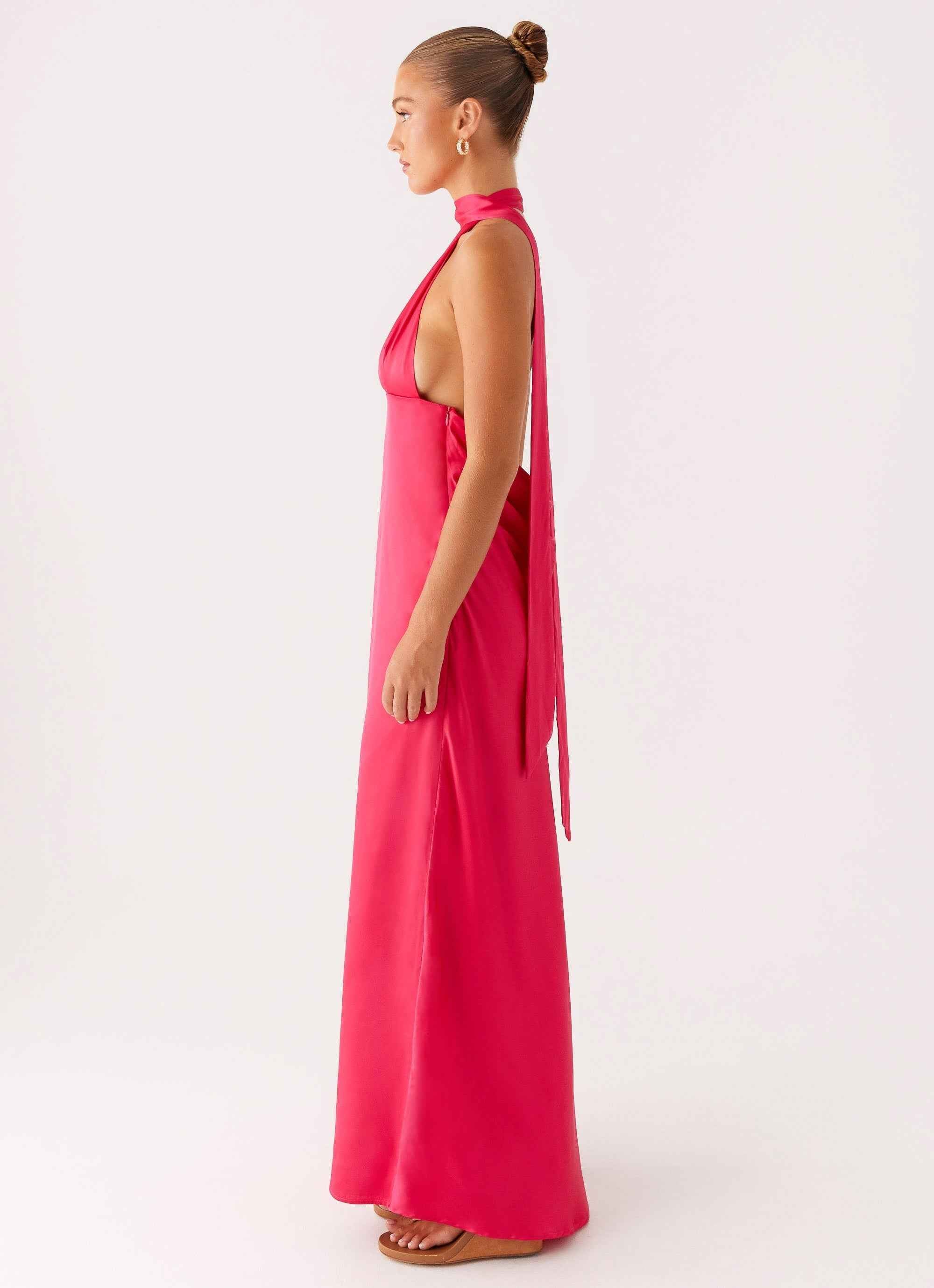 Alicia Satin Halter Maxi Dress - Fuchsia