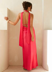 Alicia Satin Halter Maxi Dress - Fuchsia