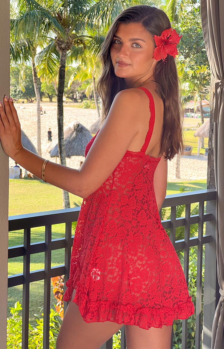 All Mine Lace Sheer Mini Party Dress - Red