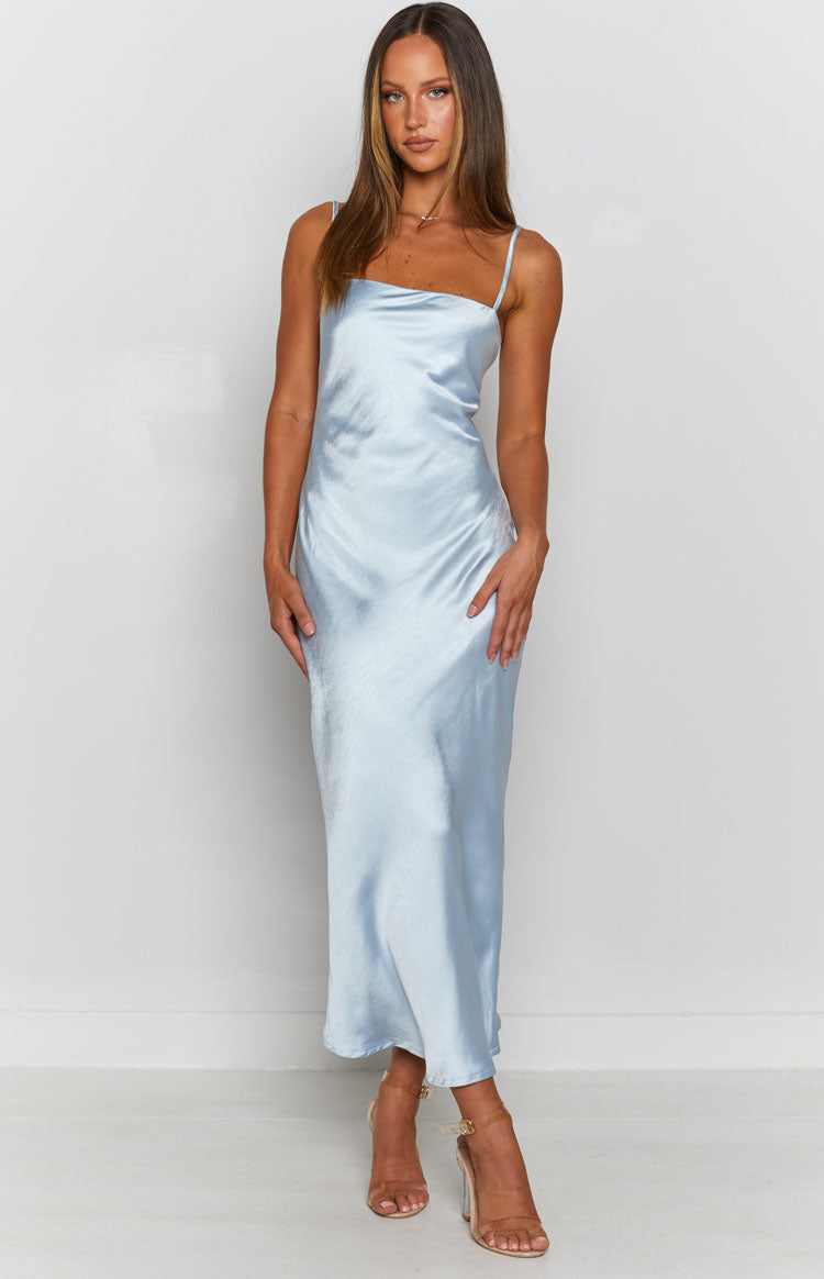 Amaryllis Satin Cross-Back Midi Formal Dress - Baby Blue
