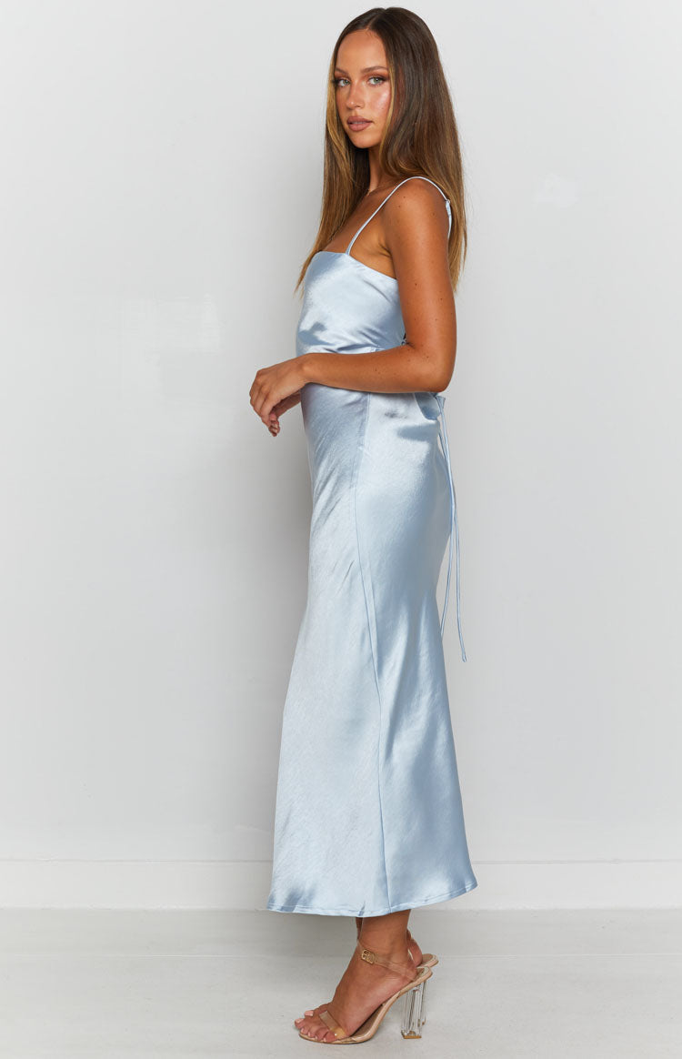 Amaryllis Satin Cross-Back Midi Formal Dress - Baby Blue