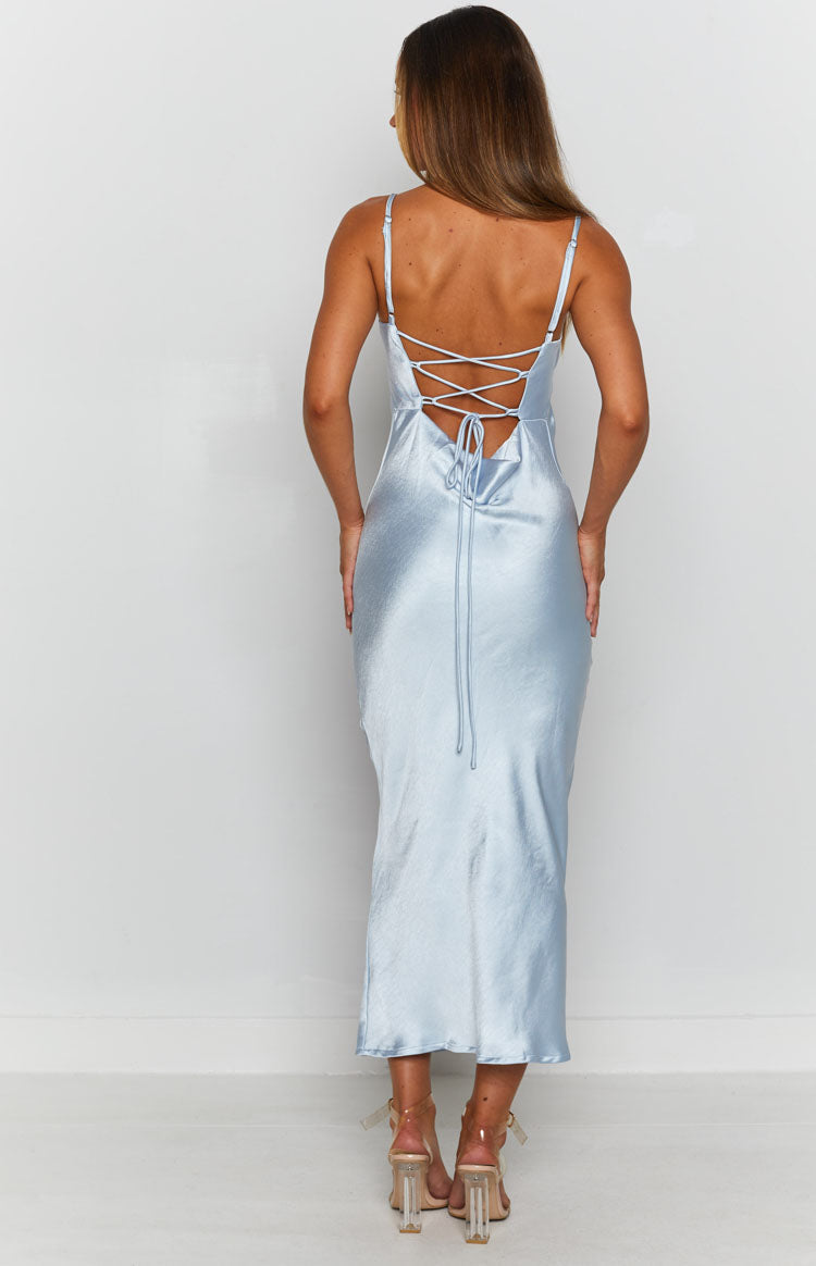 Amaryllis Satin Cross-Back Midi Formal Dress - Baby Blue