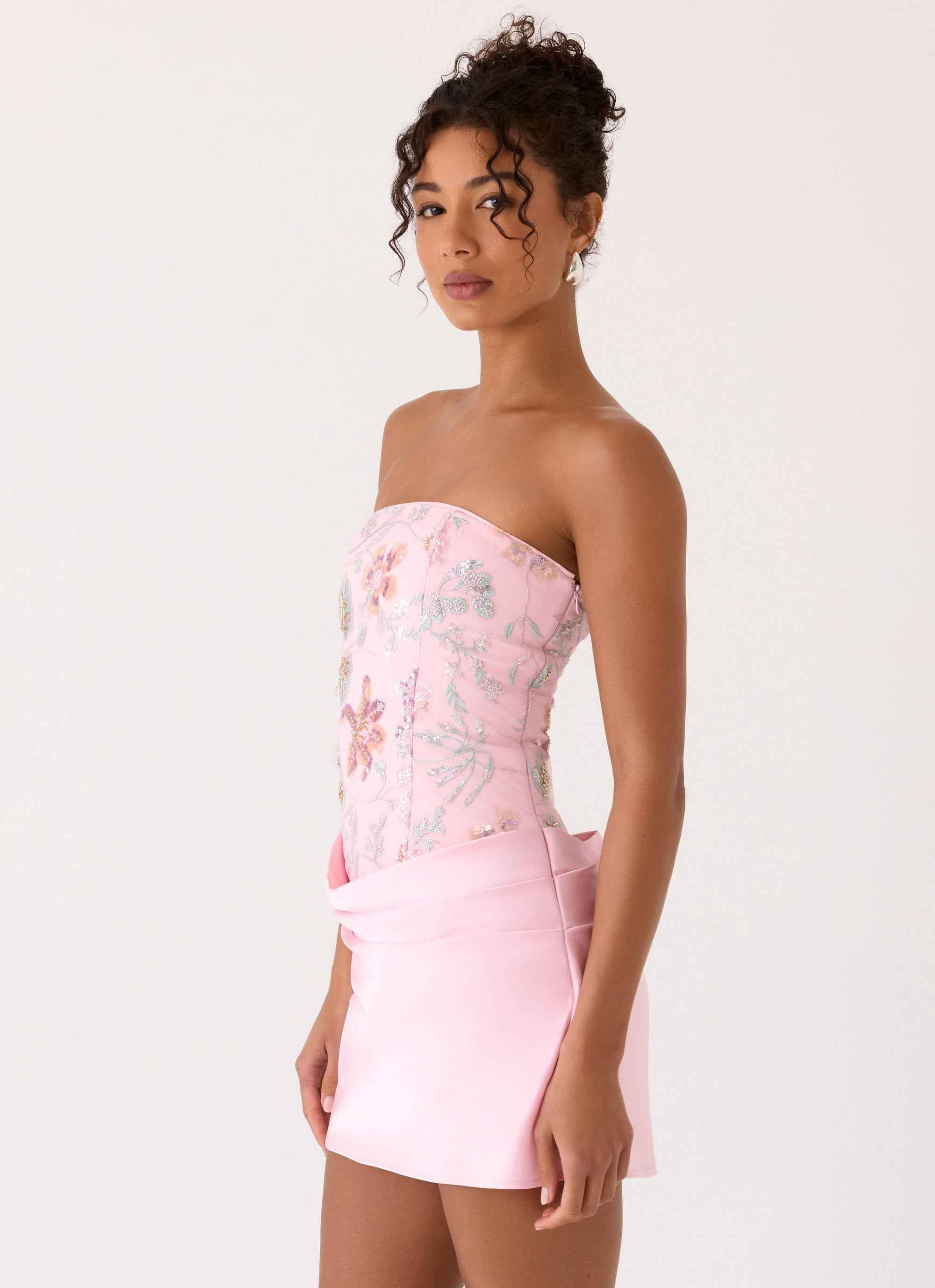 Angelique Mini Dress - Pink Beaded Lace-Up