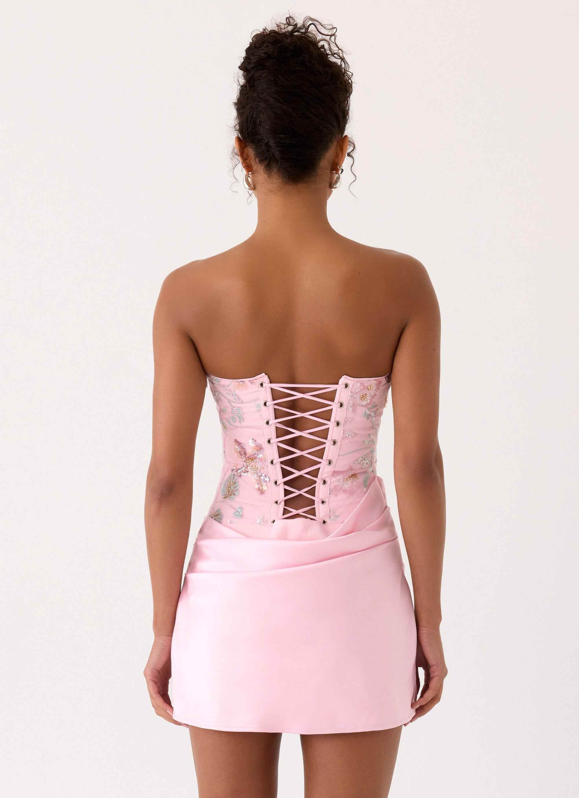 Angelique Mini Dress - Pink Beaded Lace-Up