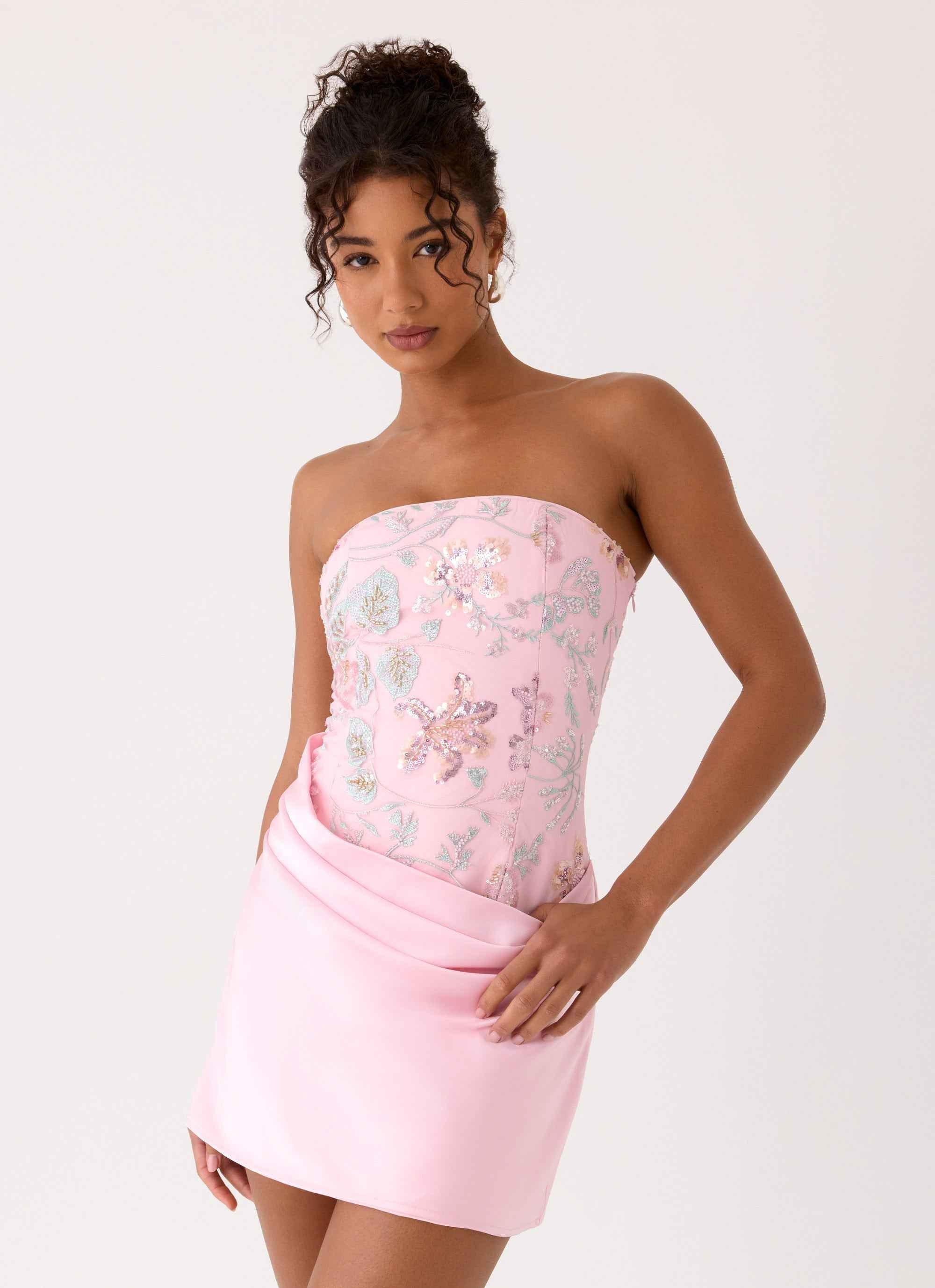 Angelique Mini Dress - Pink Beaded Lace-Up