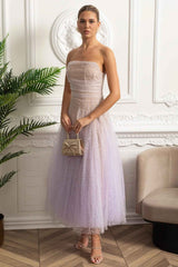 STRAPLESS FITTED MIDI COCKTAIL PARTY DRESS