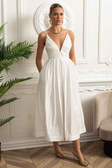 Ruched Bodice Strappy Midi Dress with Smocked Back and Gathered Skirt- White