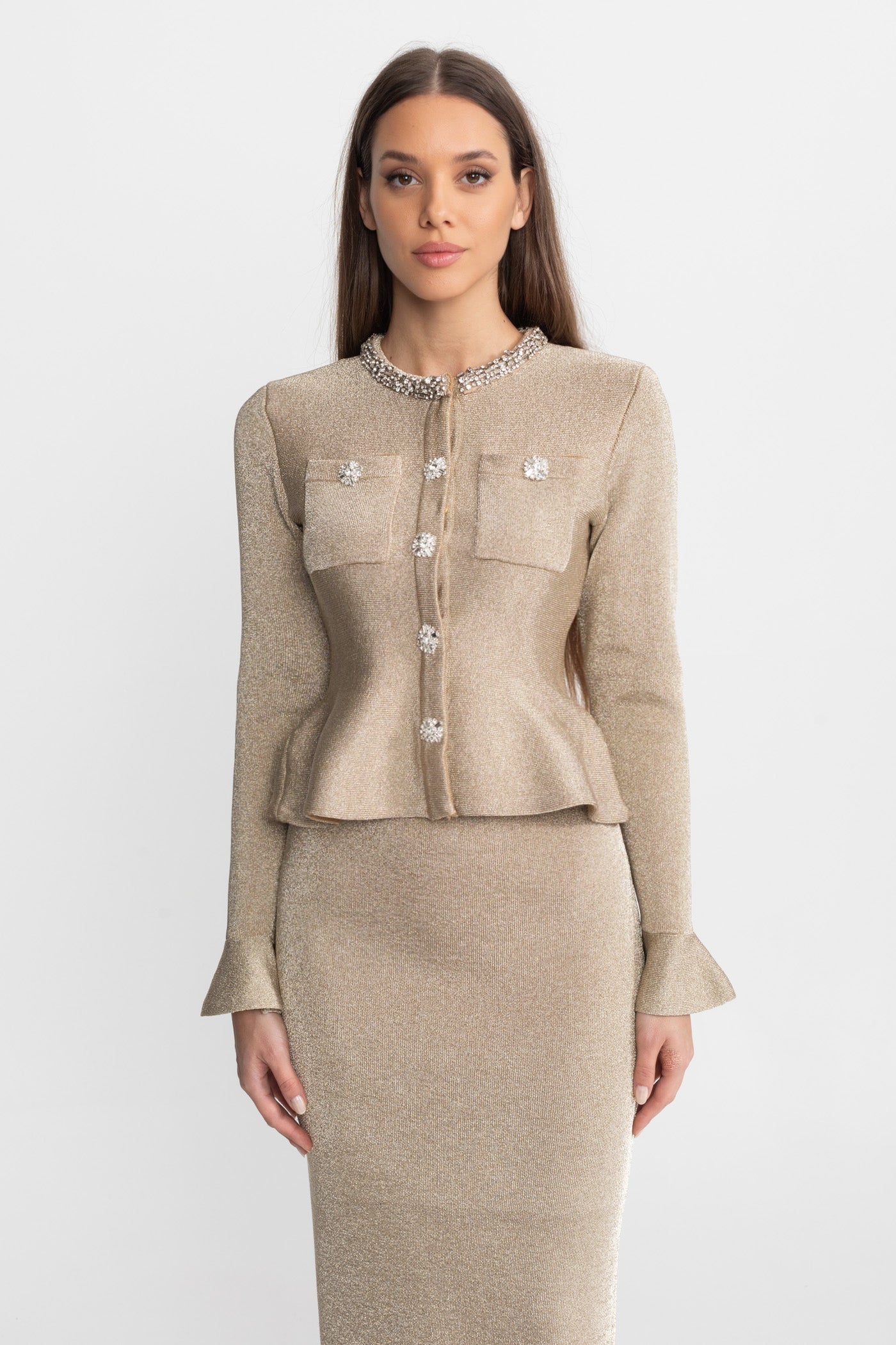 Shimmer Knit Dress with Crystal Button Accents Champagne