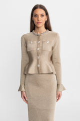 Shimmer Knit Dress with Crystal Button Accents Champagne