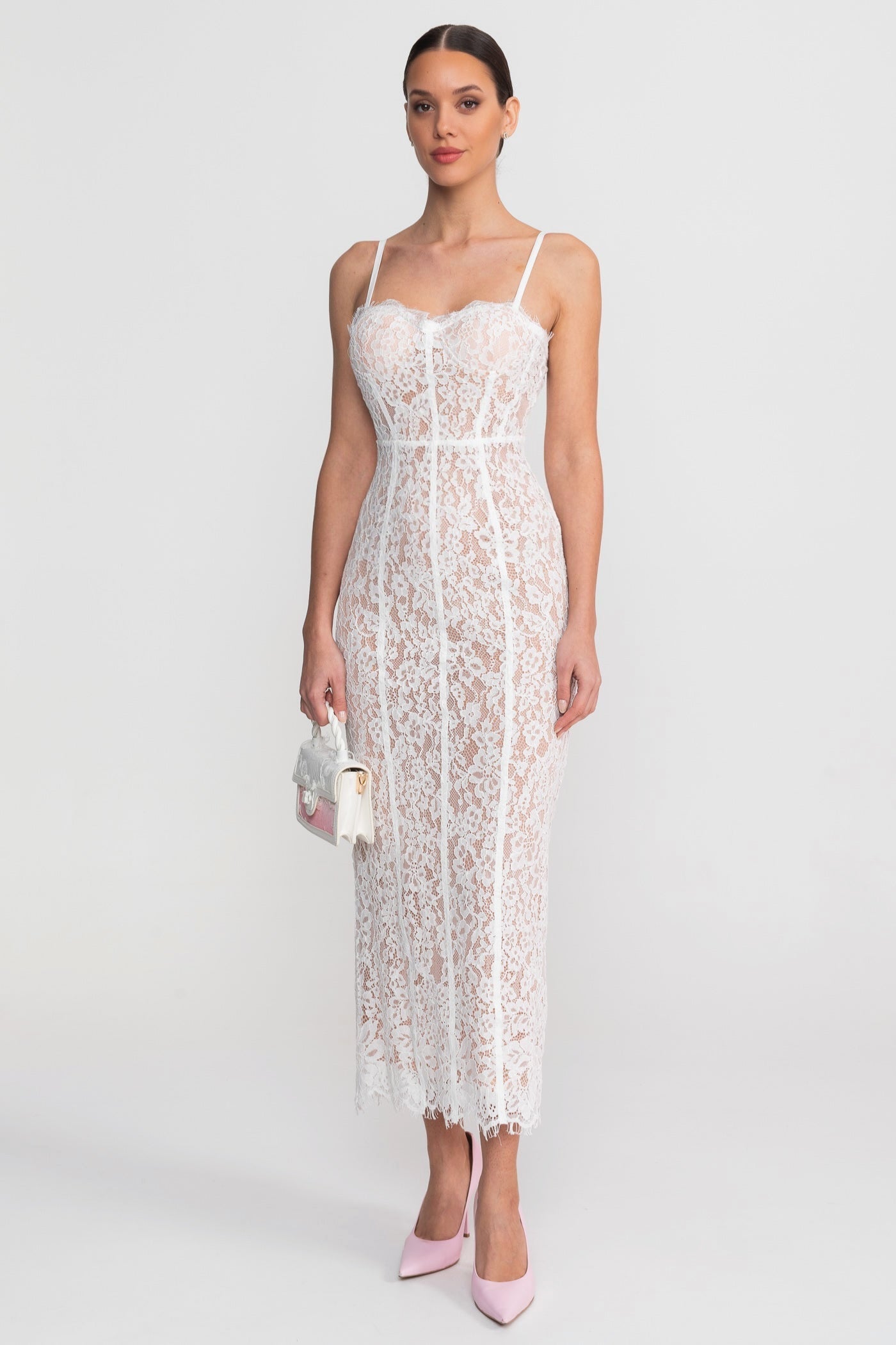 Lace Midi Dress With Sheer Corset Bodice - White