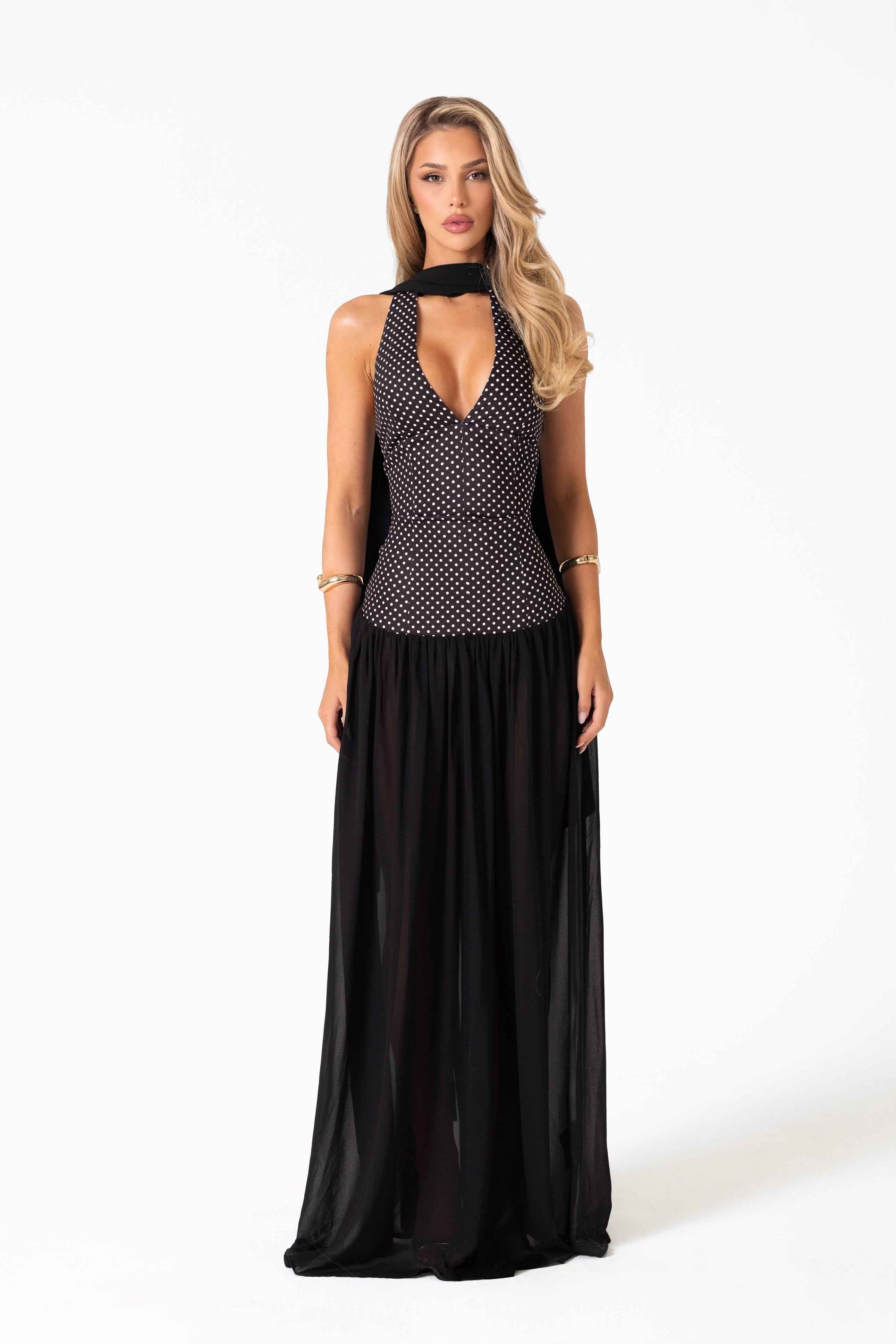 Adeline Maxi Dress - Black Polka Dot Halterneck