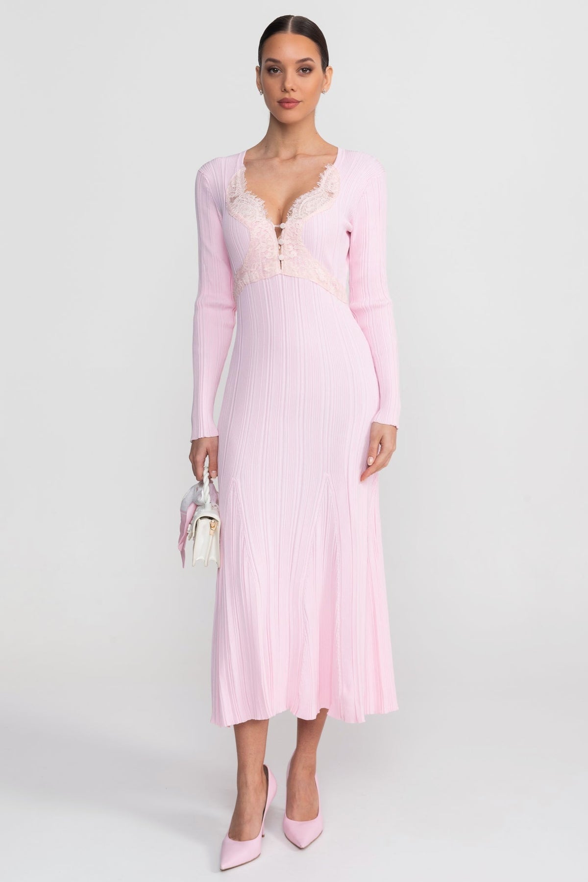 Ribbed Long Sleeve Midi Dress With Lace-Trim V-Neckline - Baby Pink