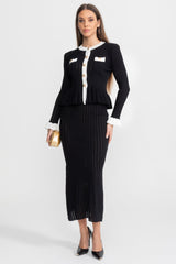 Pointelle Knit Midi Co-Ord with Contrast Trim Black