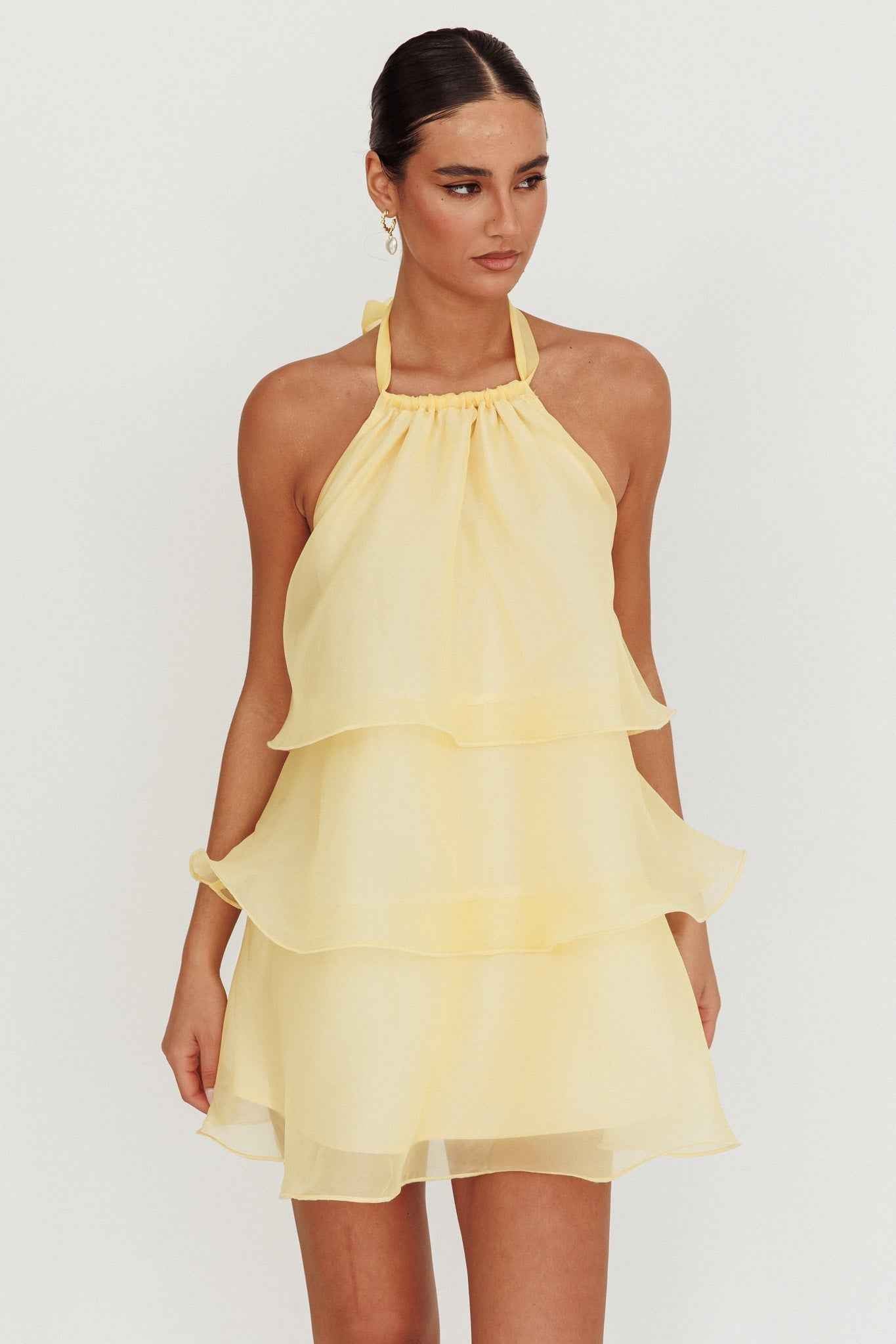 HALTERNECK TIERED MINI WEDDING GUEST DRESS