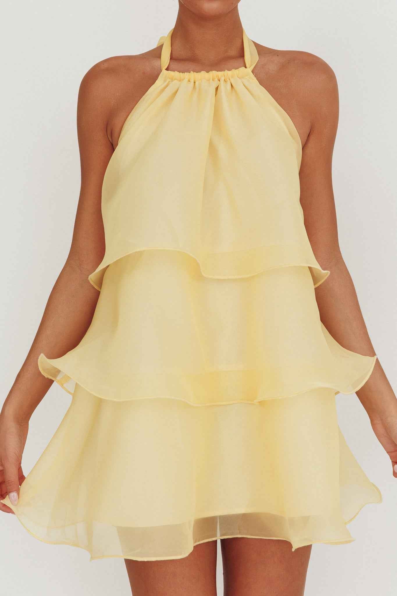 HALTERNECK TIERED MINI WEDDING GUEST DRESS