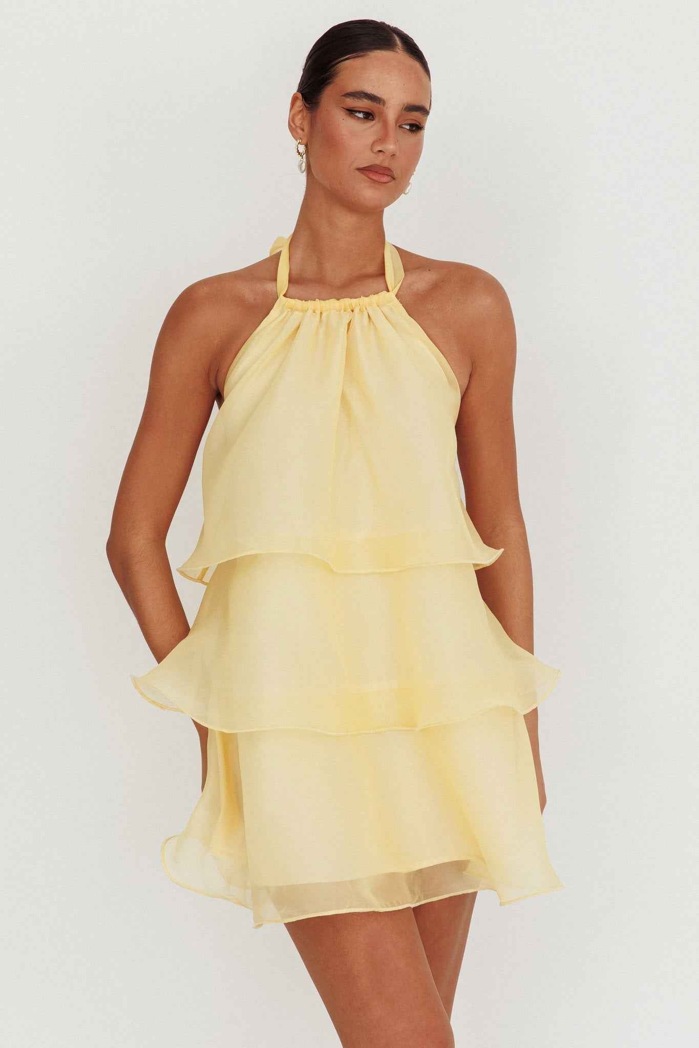 HALTERNECK TIERED MINI WEDDING GUEST DRESS