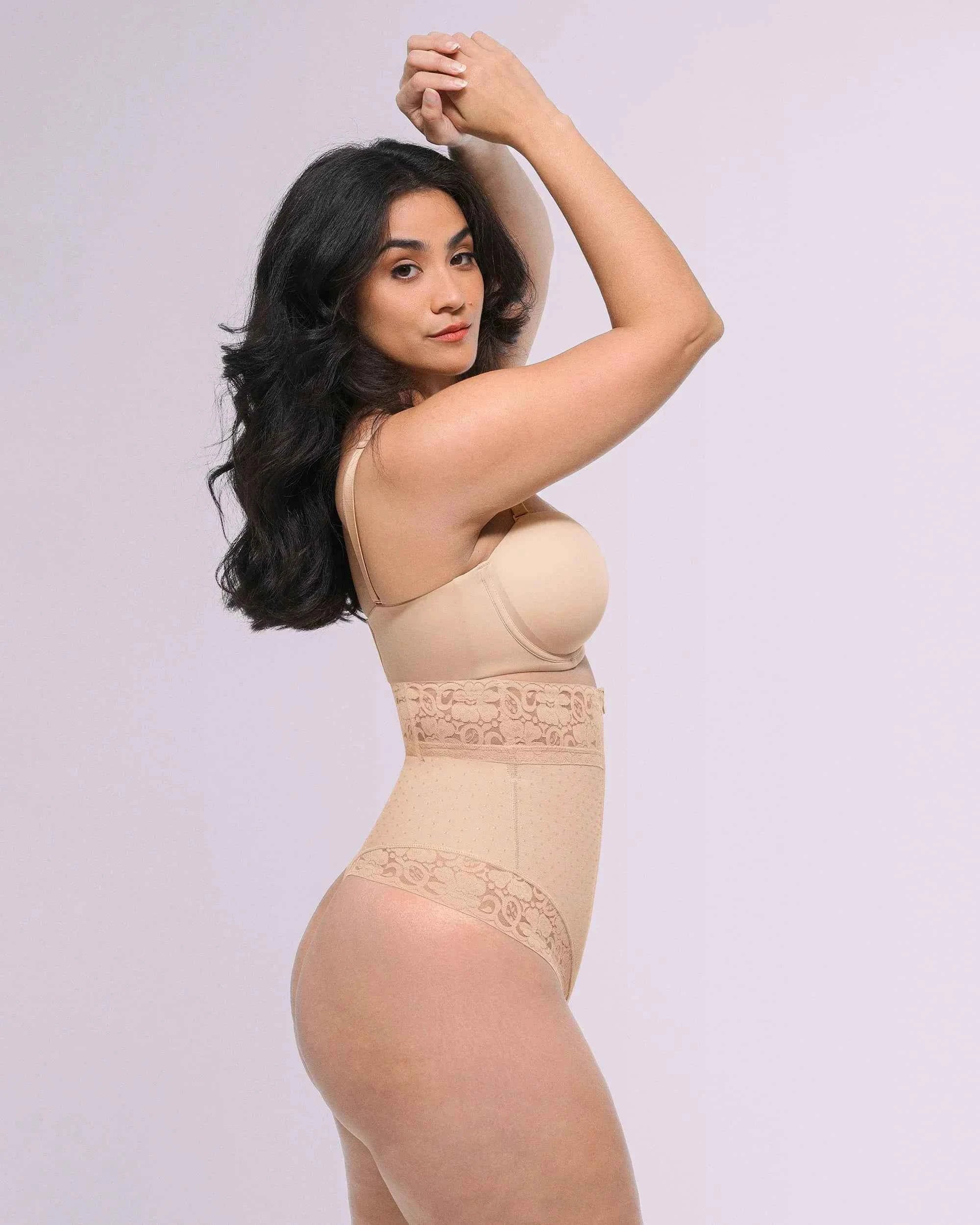 Bare Essentials High-Waisted Shaping Thong - Black Polka Dot Lace