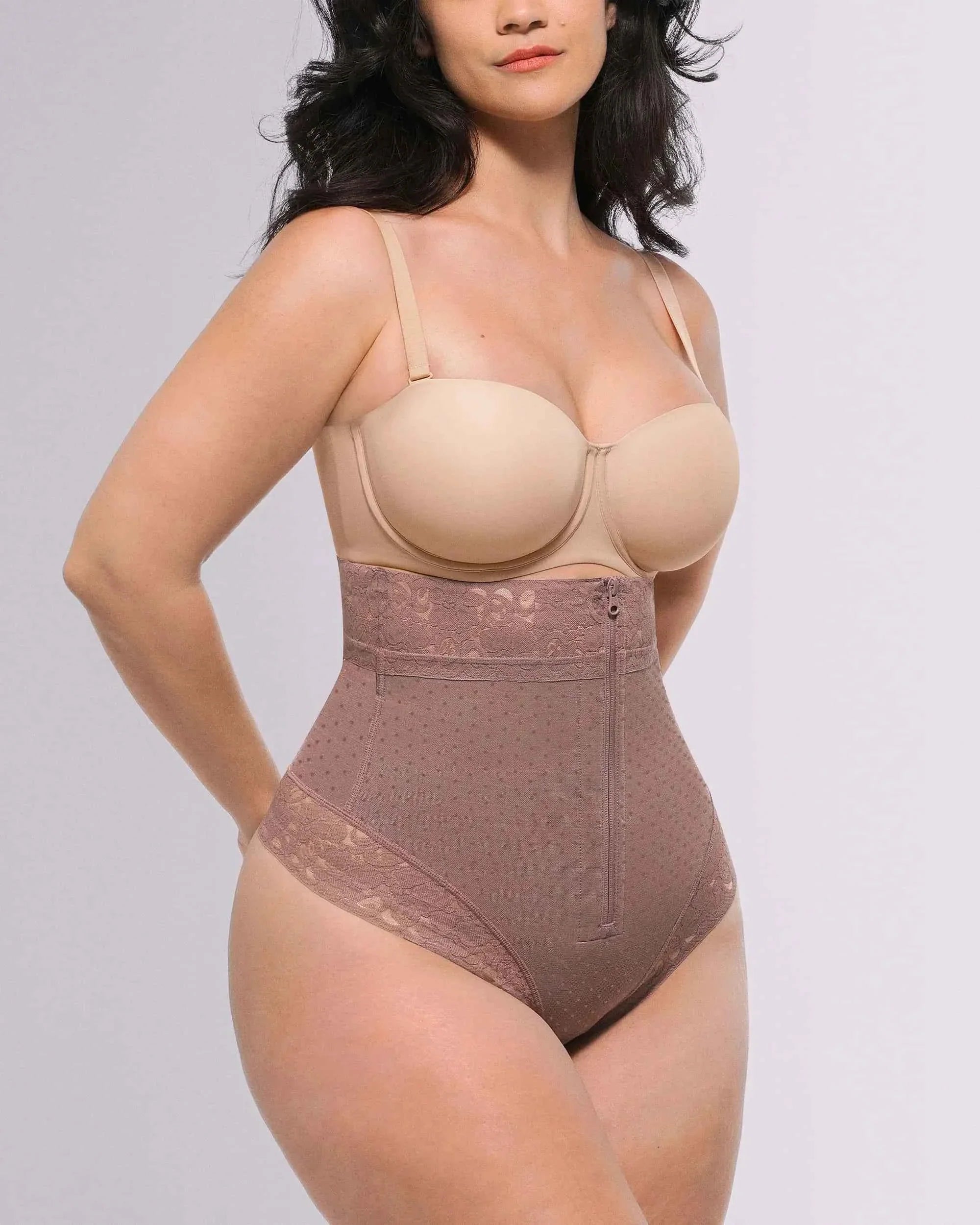 Bare Essentials High-Waisted Shaping Thong - Black Polka Dot Lace
