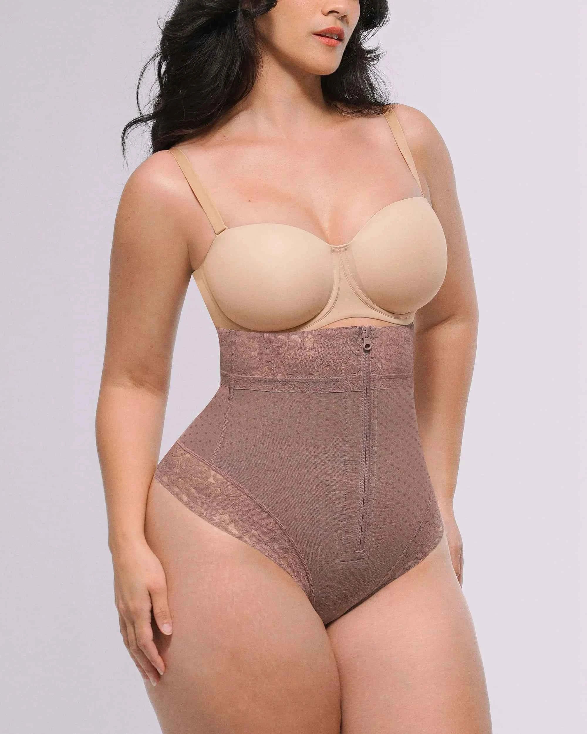Bare Essentials High-Waisted Shaping Thong - Black Polka Dot Lace