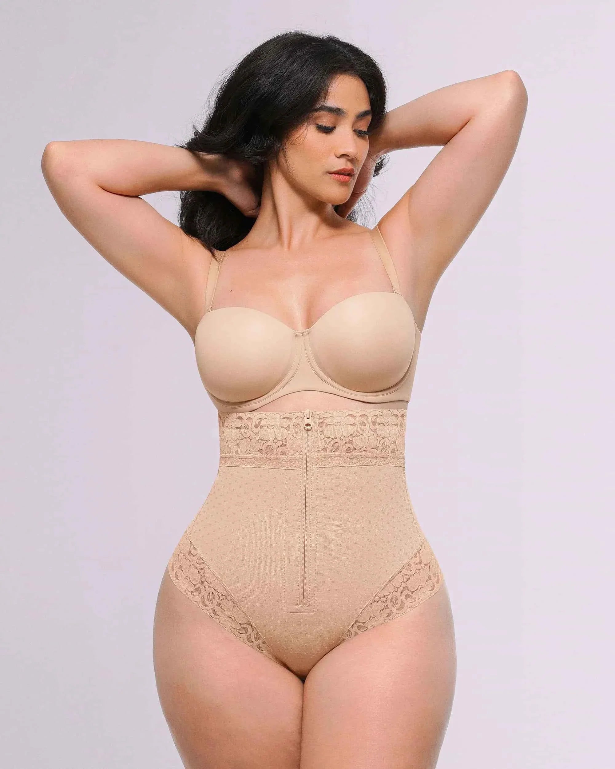 Bare Essentials High-Waisted Shaping Thong - Black Polka Dot Lace