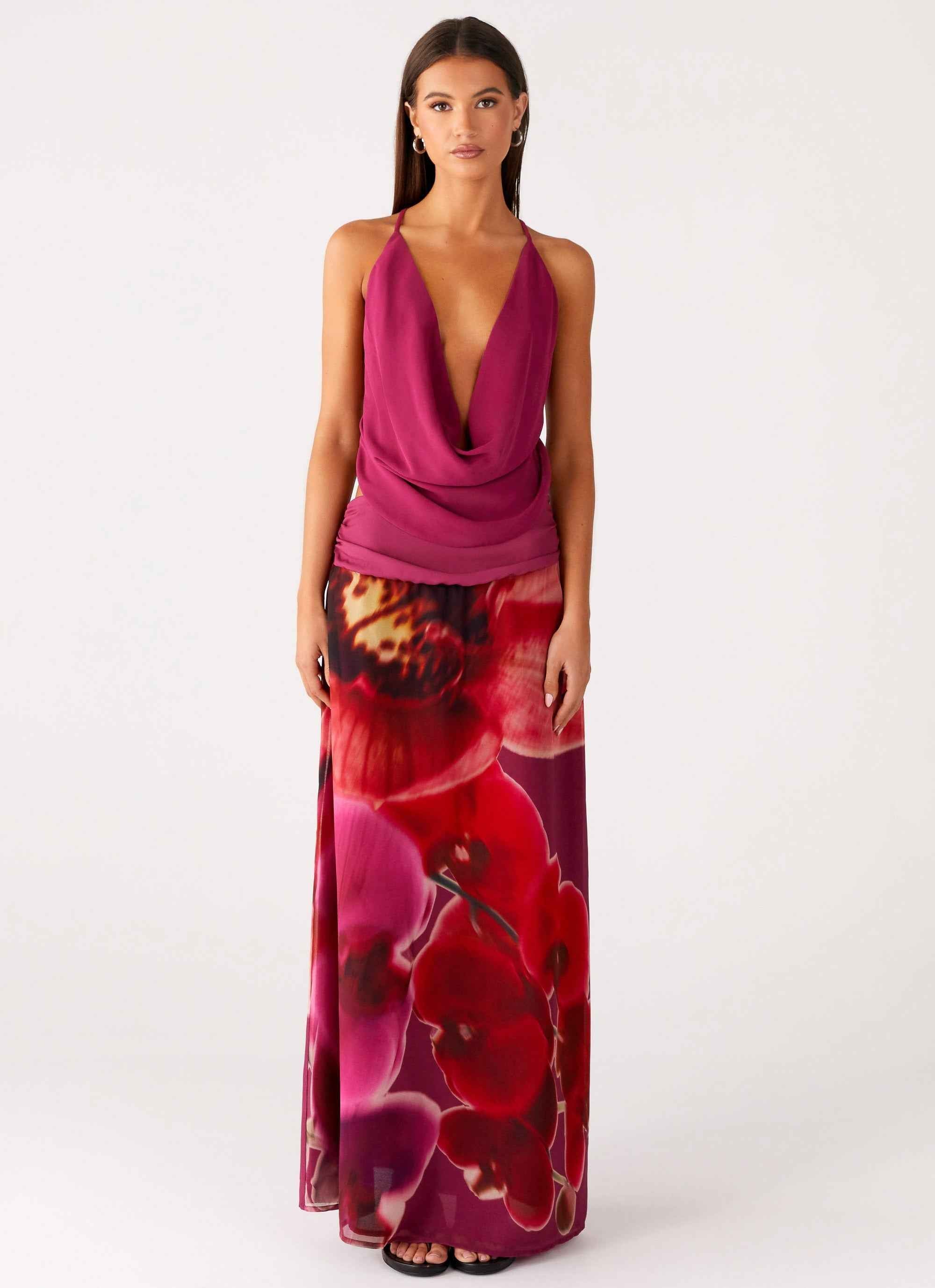 Blushing Bloom Maxi Skirt - Violette Ruched