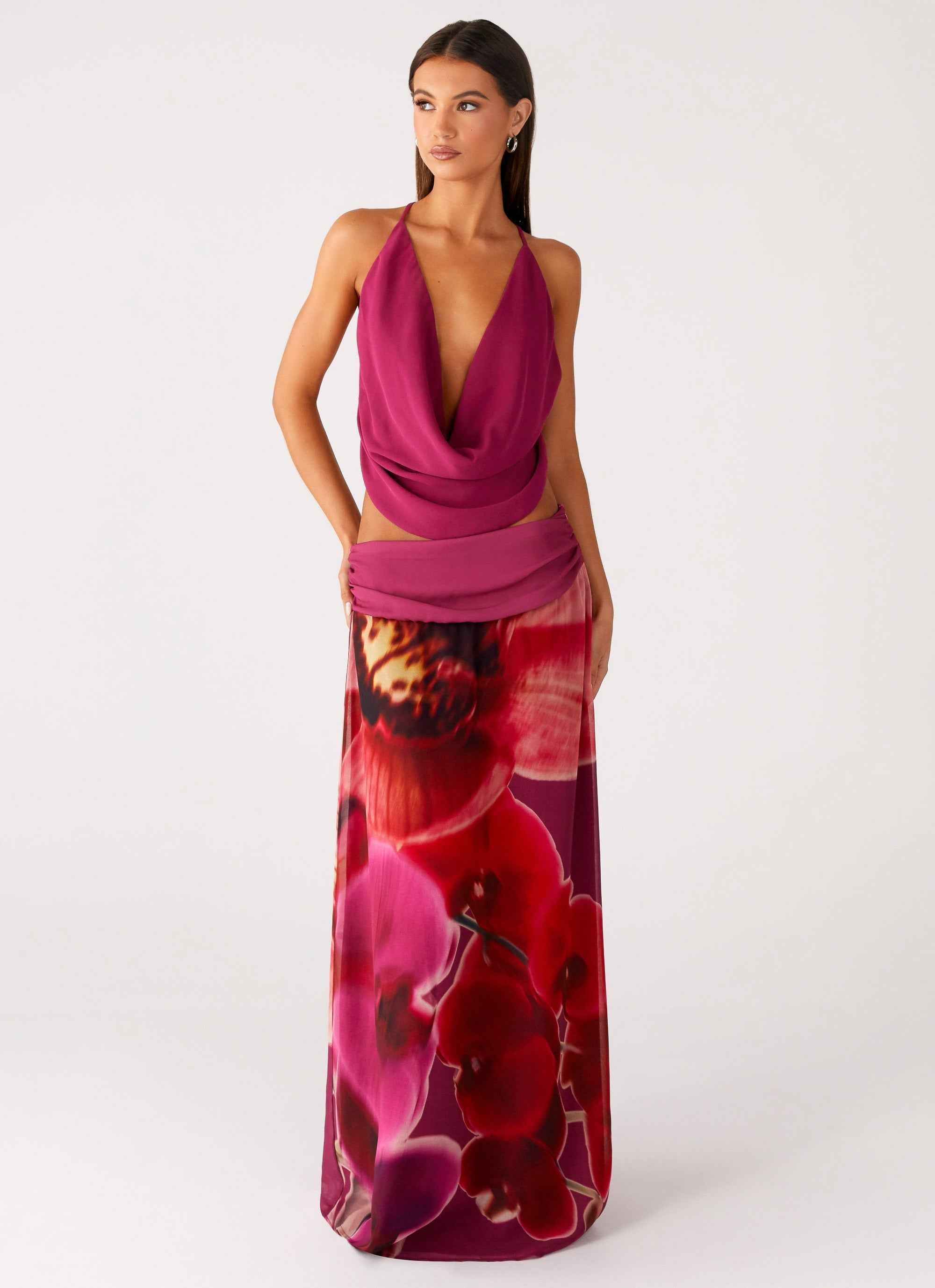 Blushing Bloom Maxi Skirt - Violette Ruched