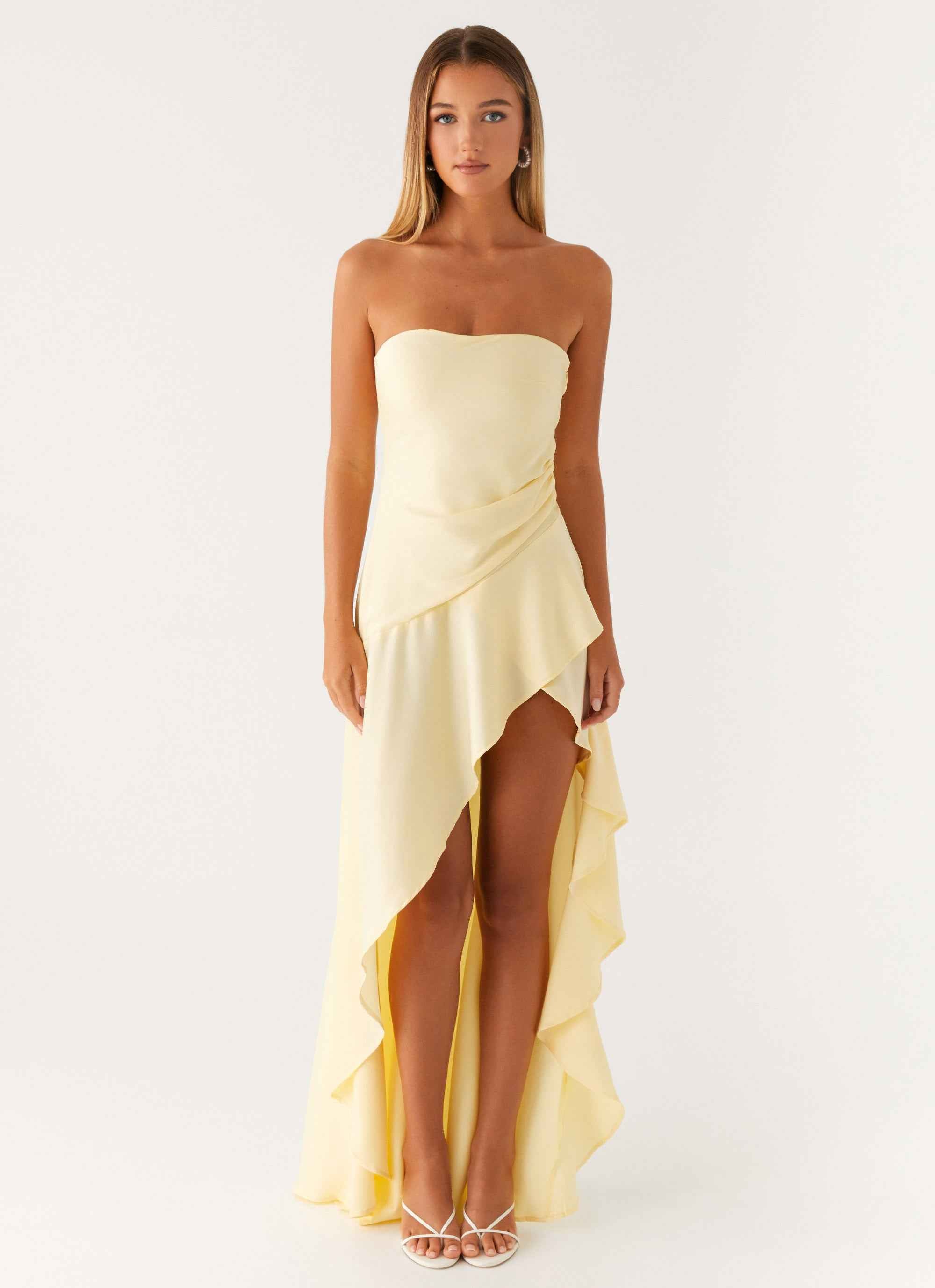 Bodie Maxi Dress - Pastel Yellow Satin Strapless
