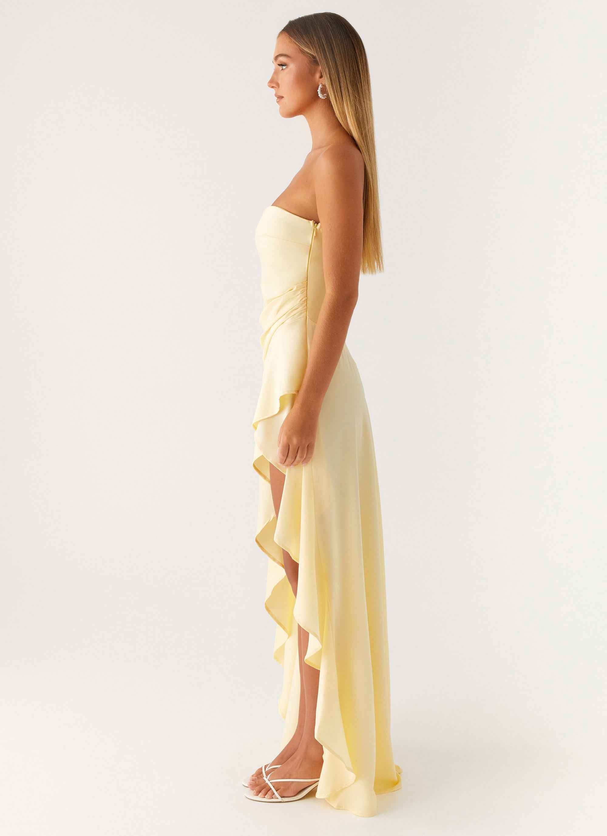 Bodie Maxi Dress - Pastel Yellow Satin Strapless