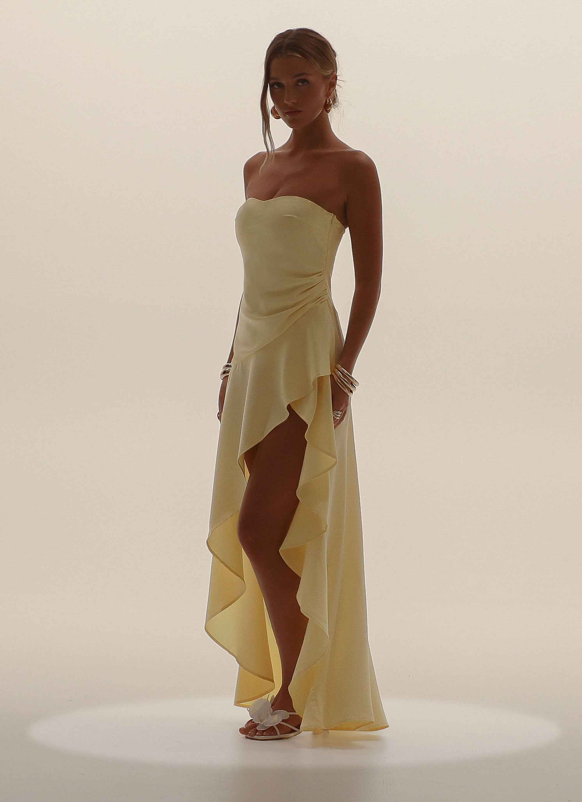 Bodie Maxi Dress - Pastel Yellow Satin Strapless