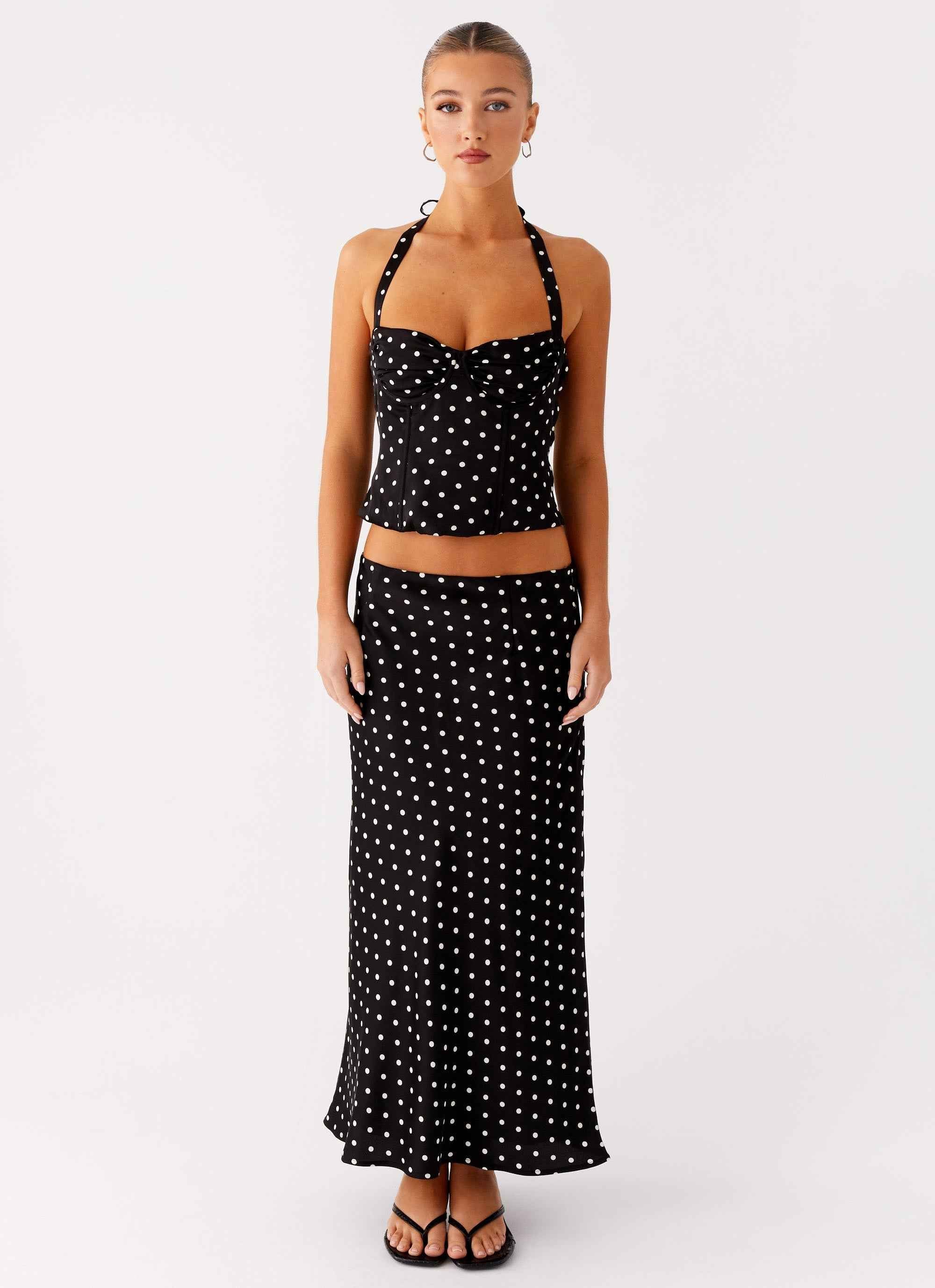 Breanne Midi Skirt - Black Polka Dot Satin