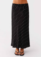 Breanne Midi Skirt - Black Polka Dot Satin