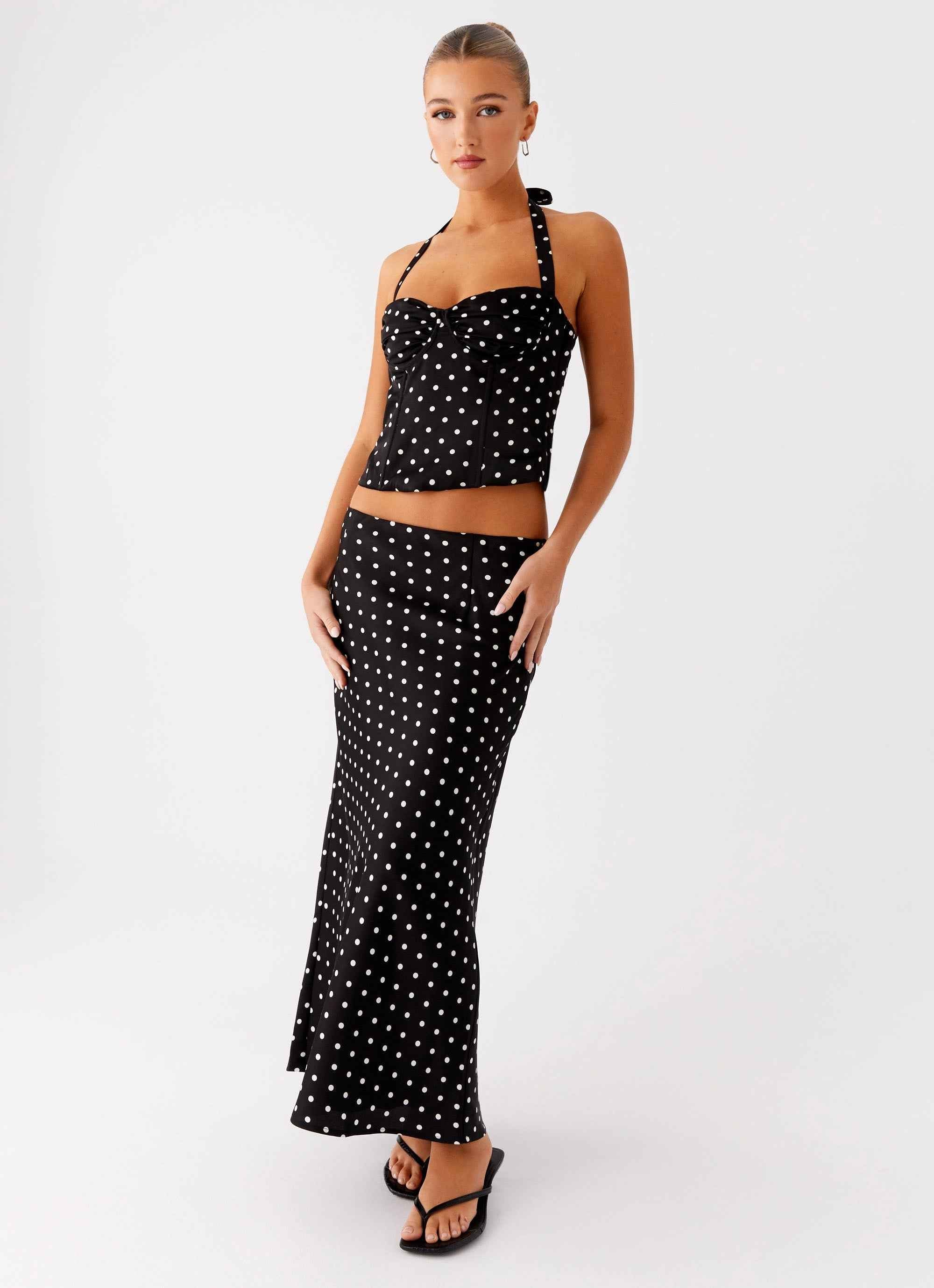 Breanne Midi Skirt - Black Polka Dot Satin