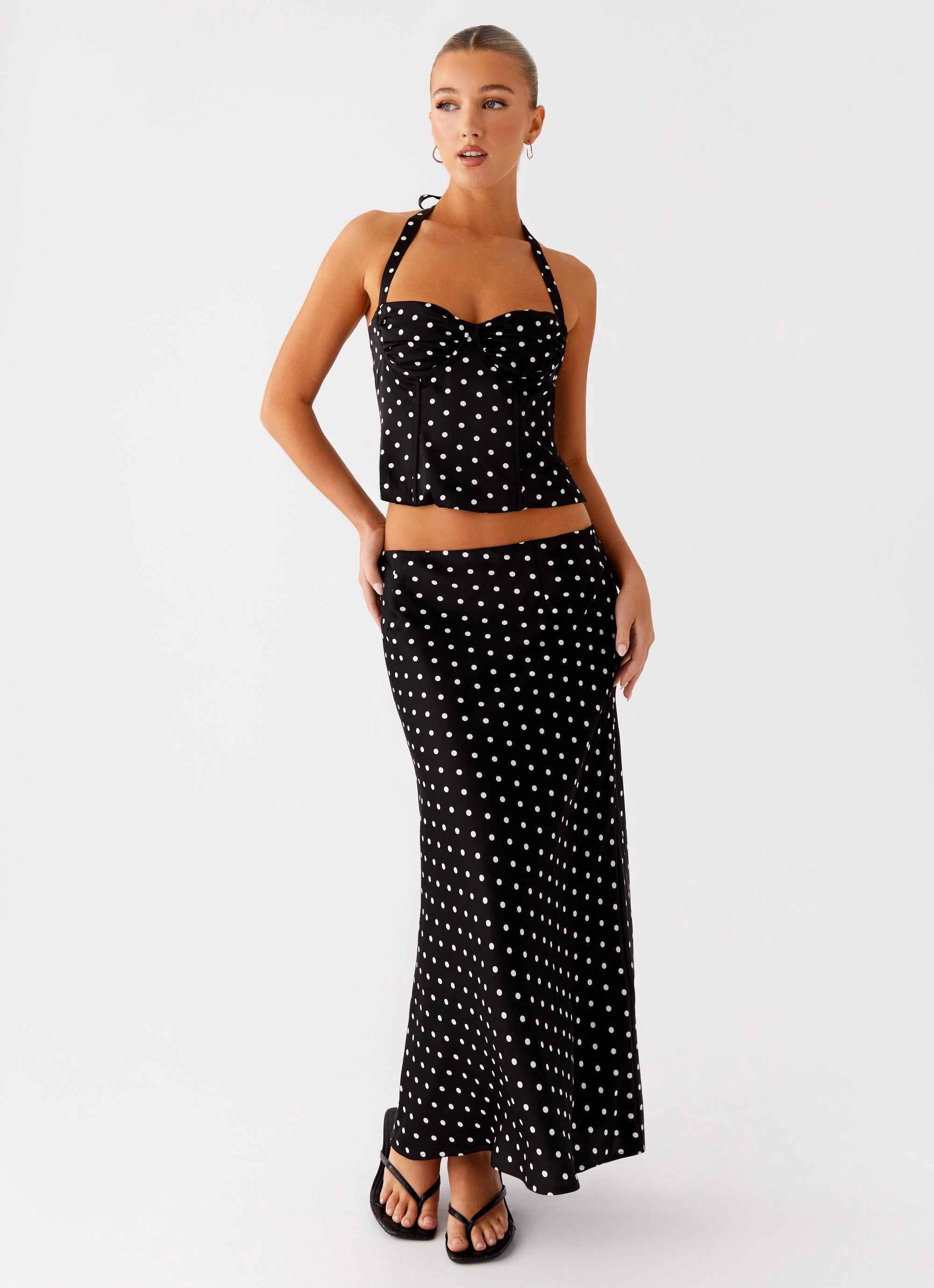 Breanne Midi Skirt - Black Polka Dot Satin