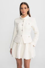 Textured Mini Dress with Crystal Button Embellishments Ivoire