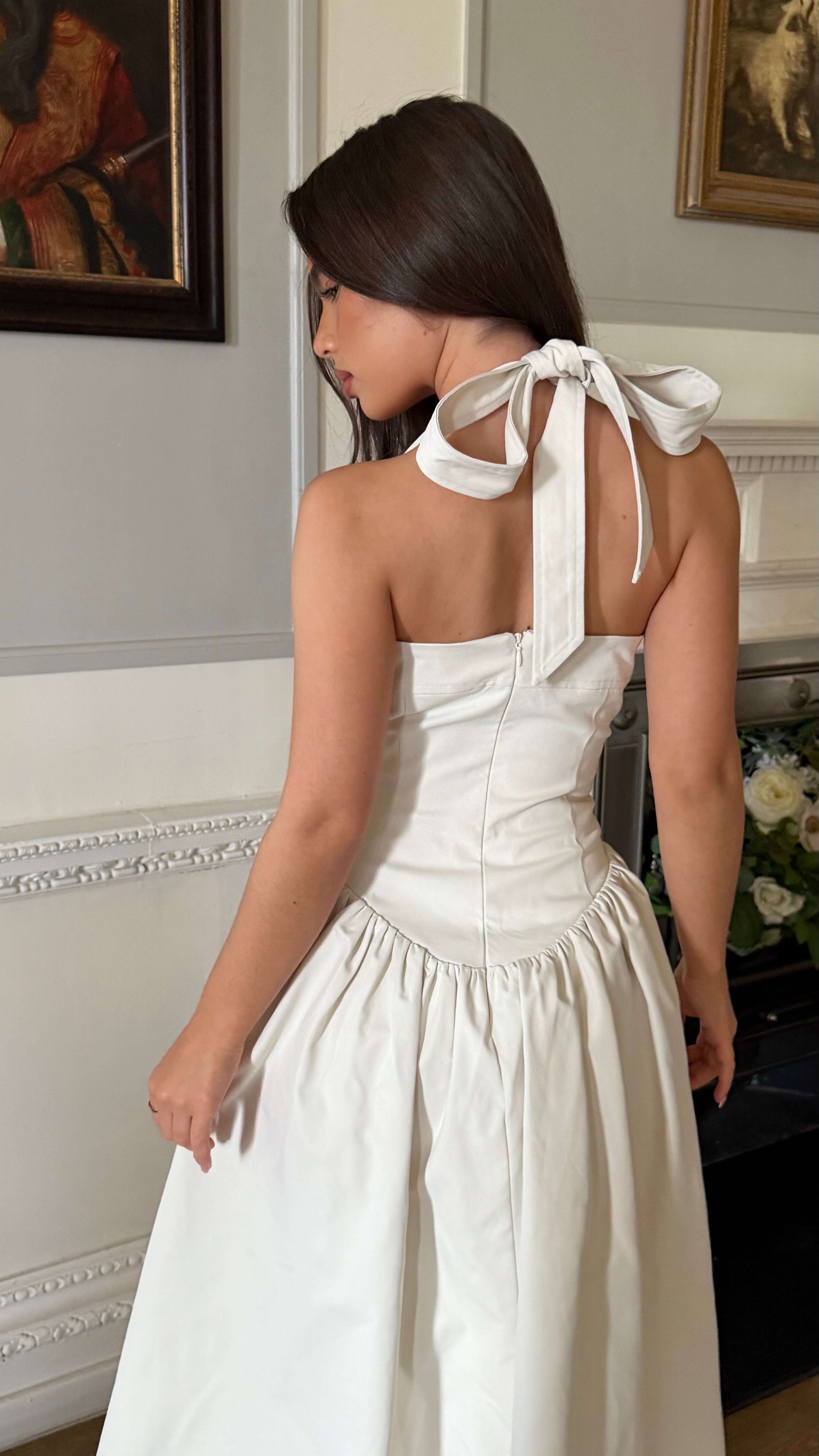 BLYTHE Halterneck Structured Midi Dress In Ivory
