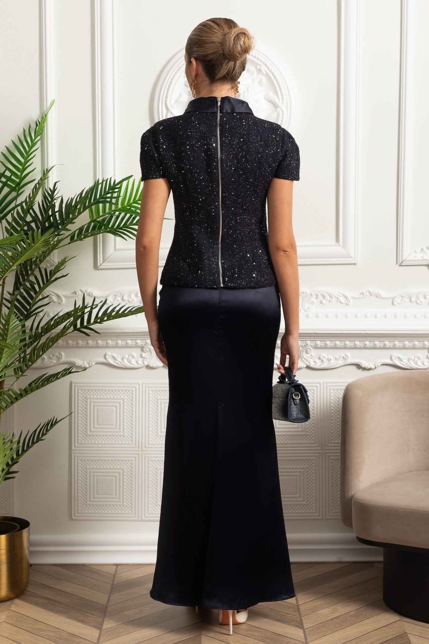 EMBELLISHED SATIN MAXI FORMAL EVENING DRESS