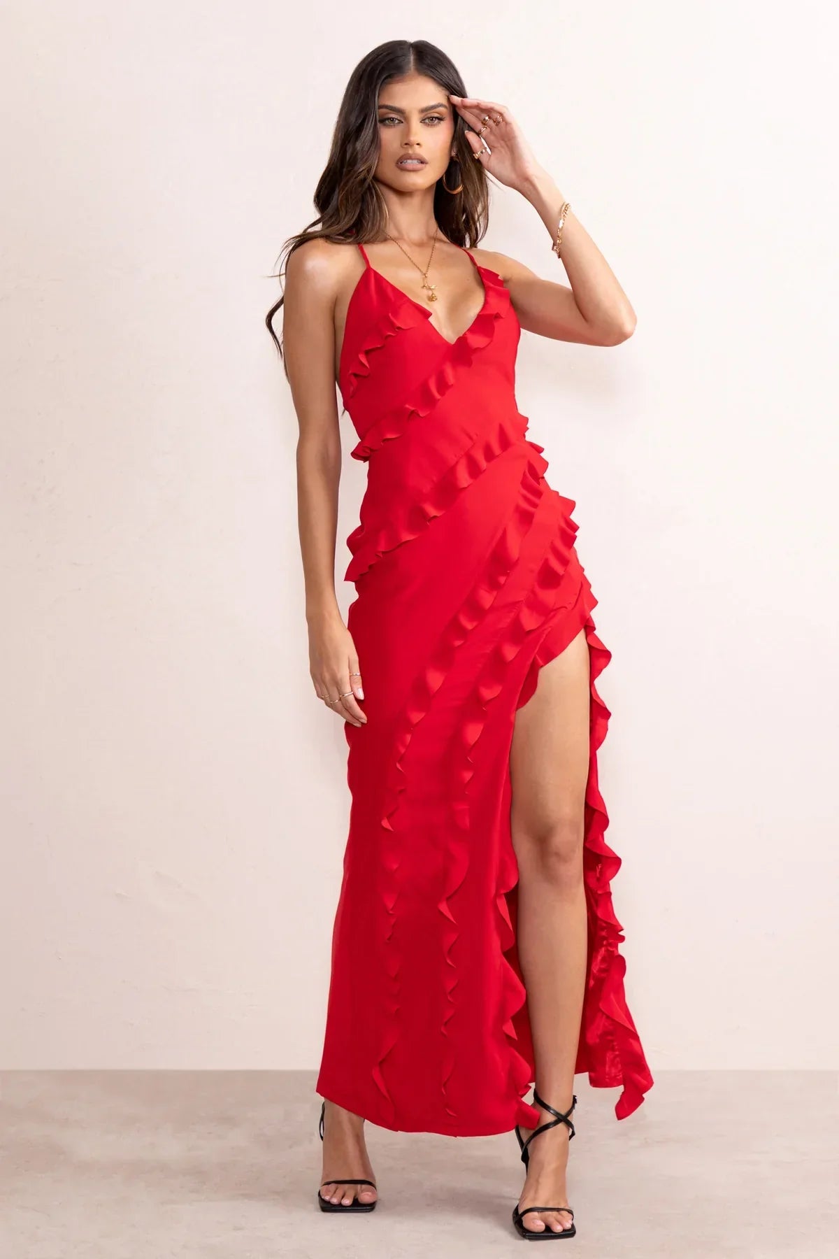 Run the world red plunge neckline ruffle maxi dress