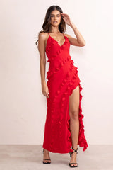 Run the world red plunge neckline ruffle maxi dress