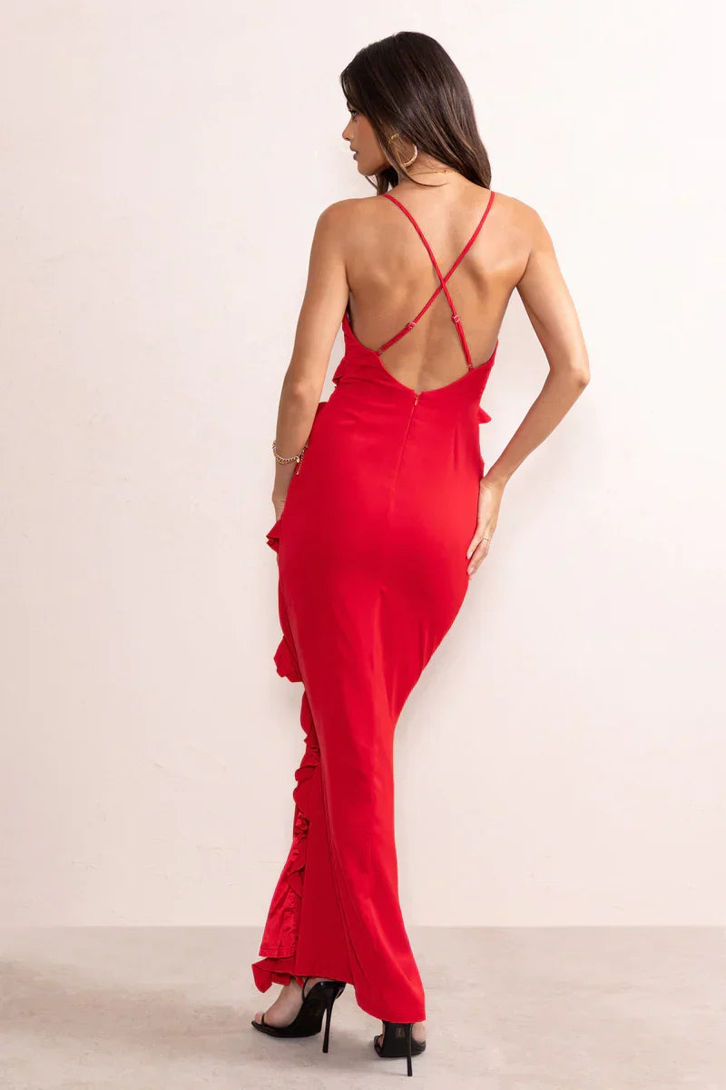 Run the world red plunge neckline ruffle maxi dress
