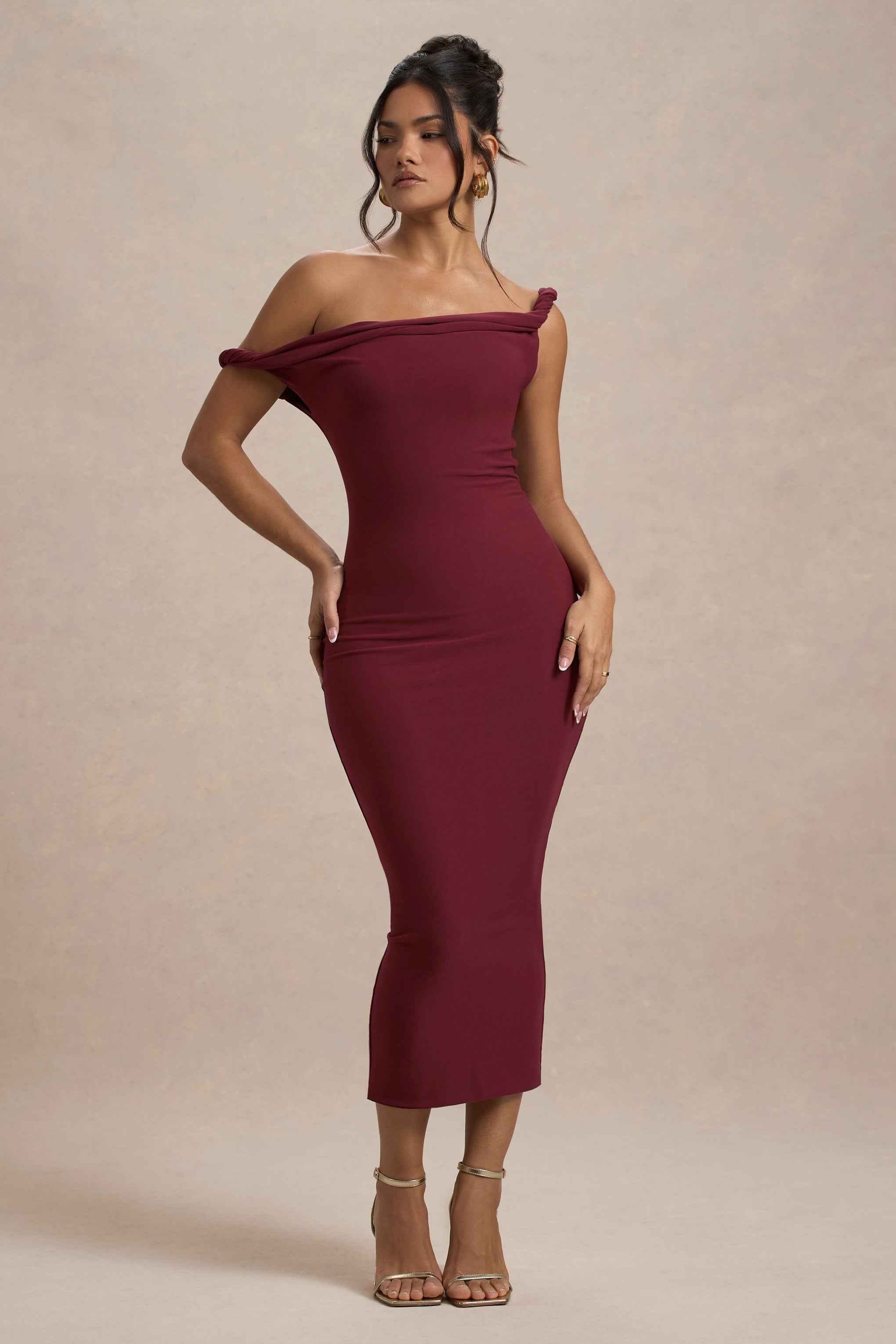 Salome Midi Dress - Berry Asymmetric Twisted Neckline
