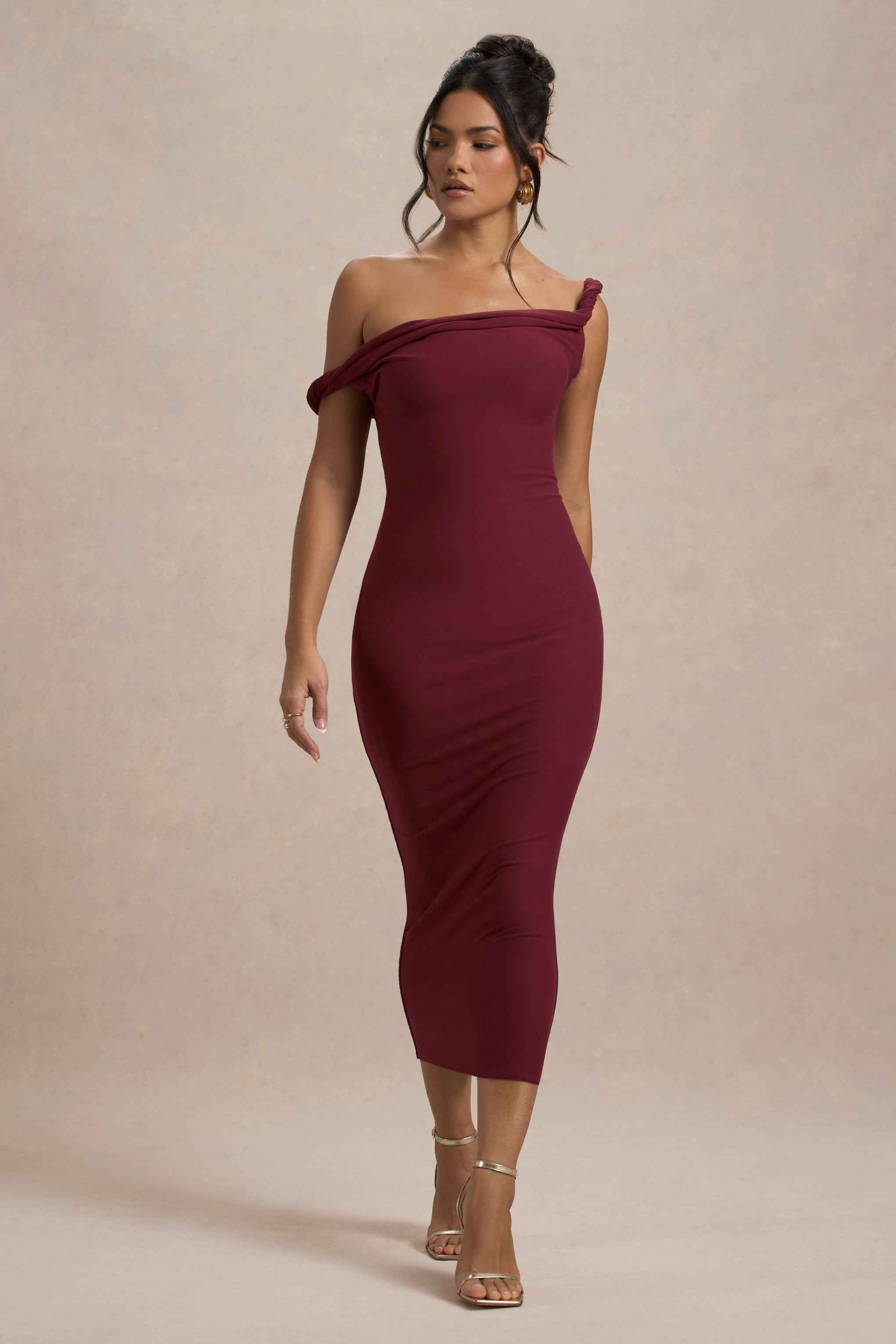 Salome Midi Dress - Berry Asymmetric Twisted Neckline