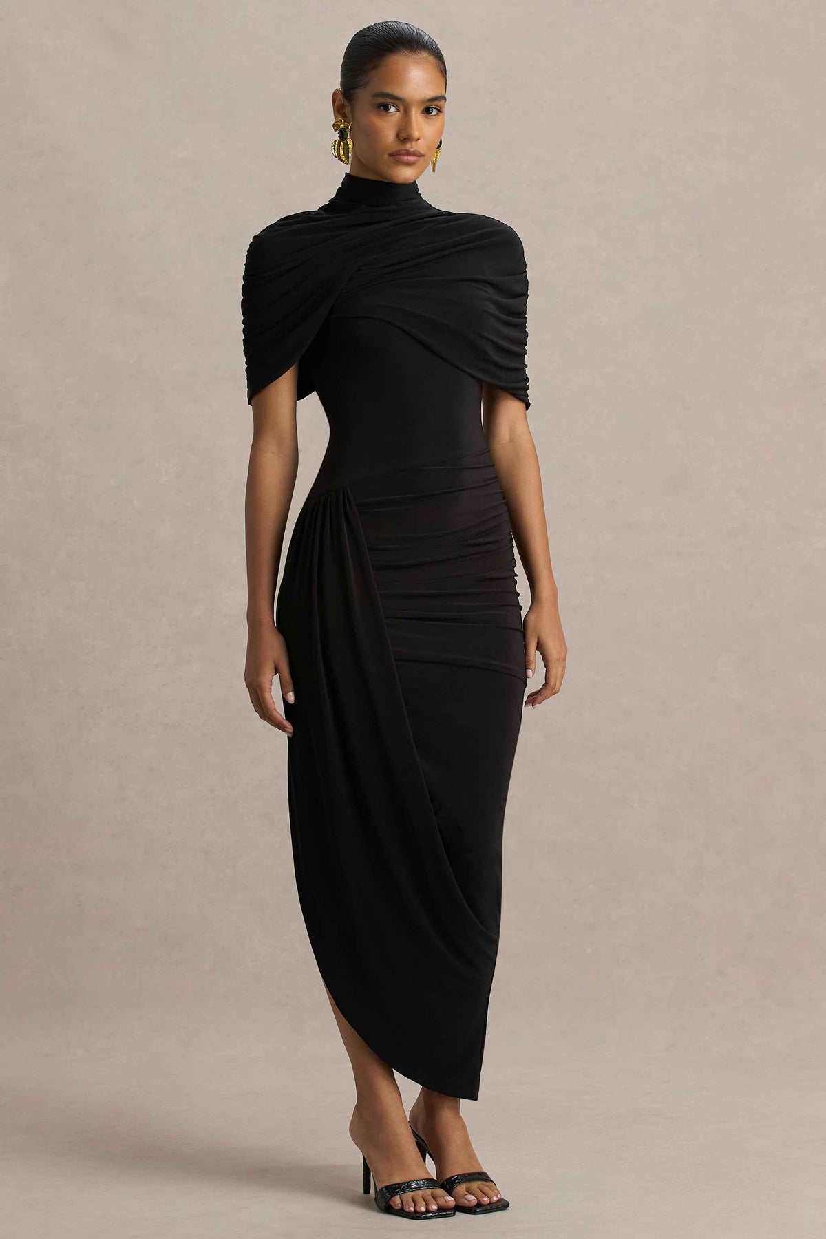 Black Asymmetric Twisted Cape Midi Dress