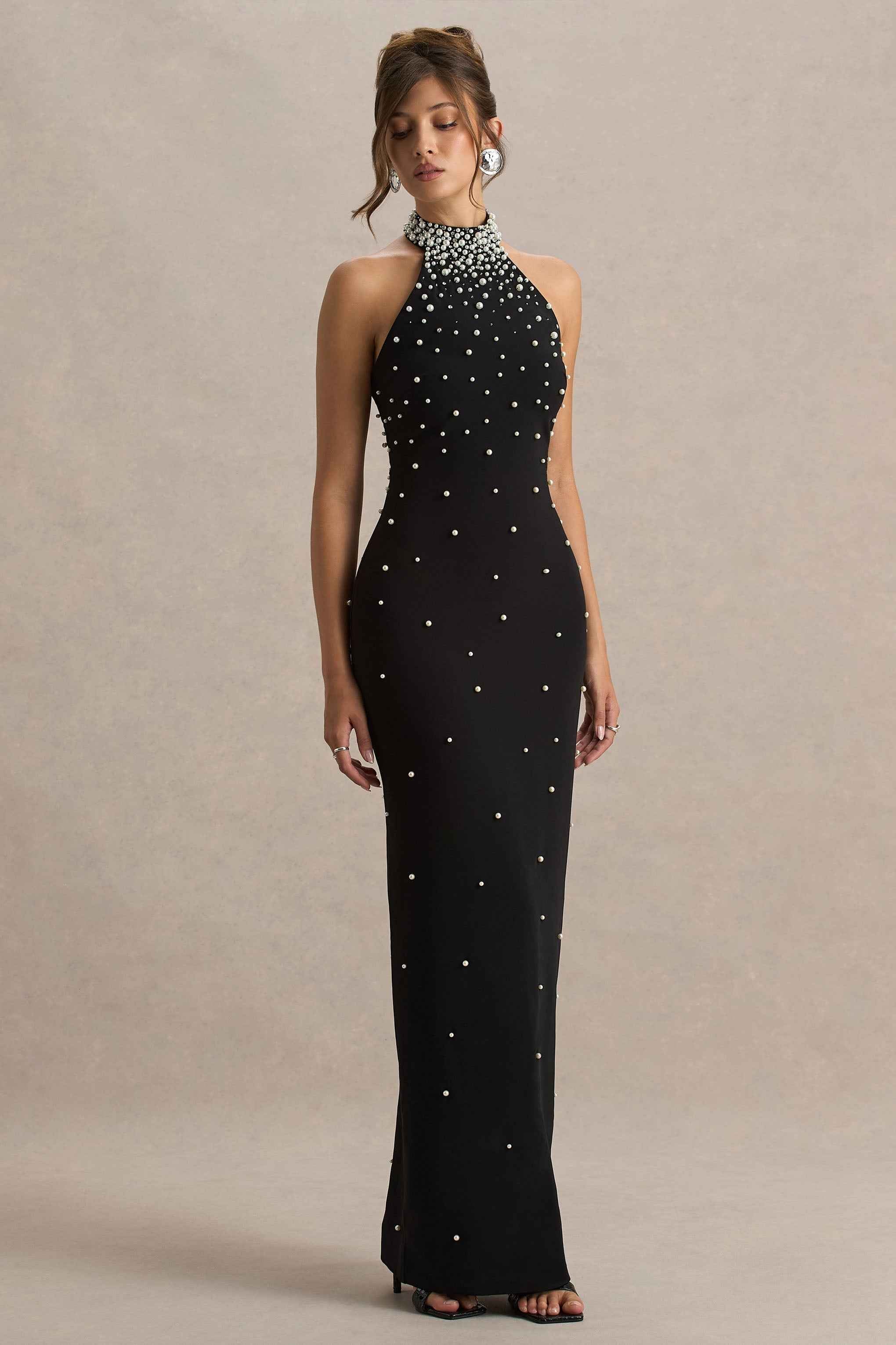 Dani Maxi Dress - Black Hand-Embellished Halter-Neck